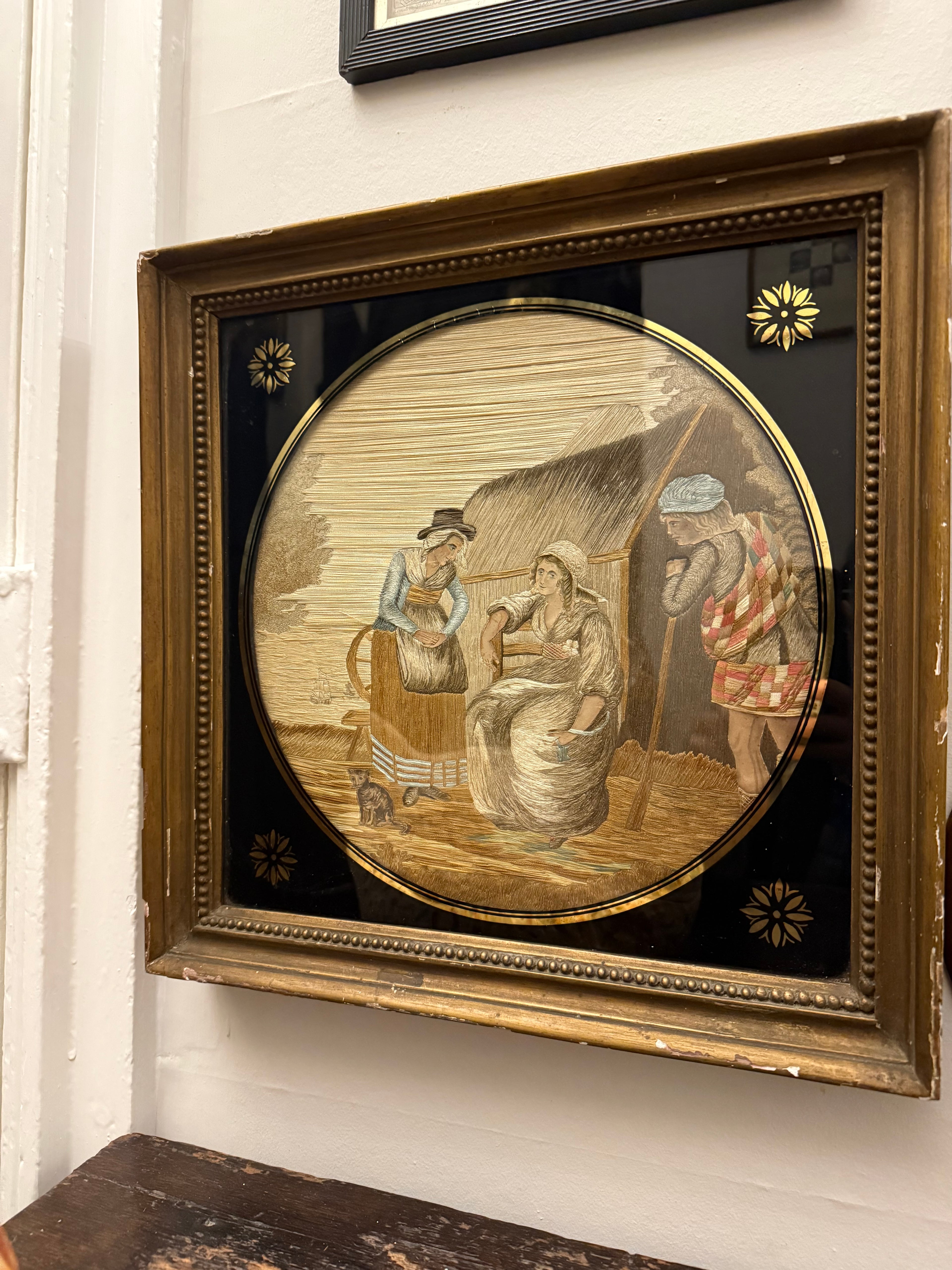 Georgian 18th century silk work with Scotsman and cat