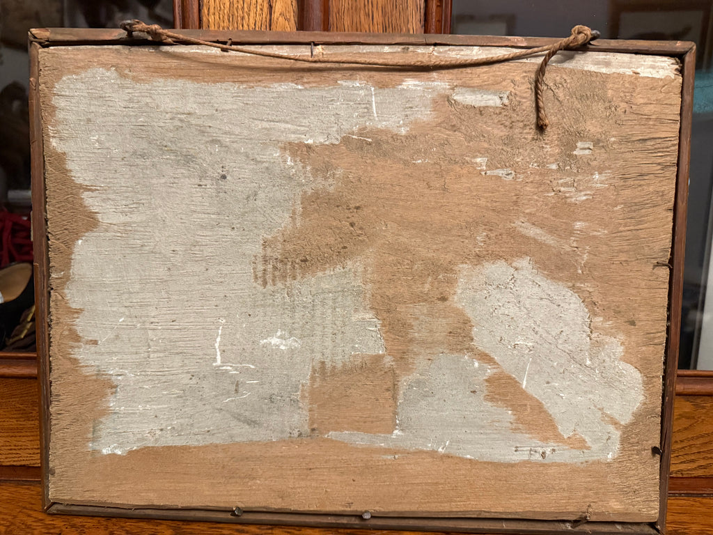 1860 oil on board antique French naive chicken painting