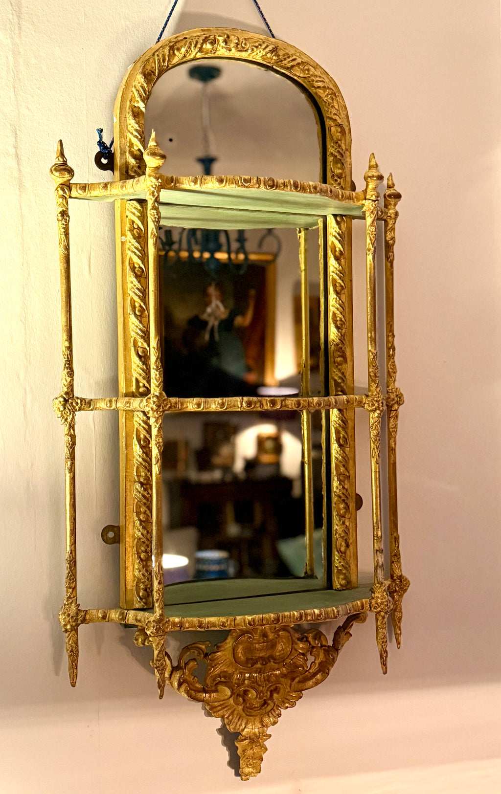19th century gold and green mirrored wall shelf