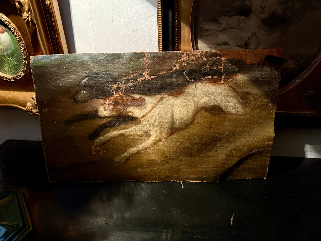 18th or 19th century painting fragment of dogs running