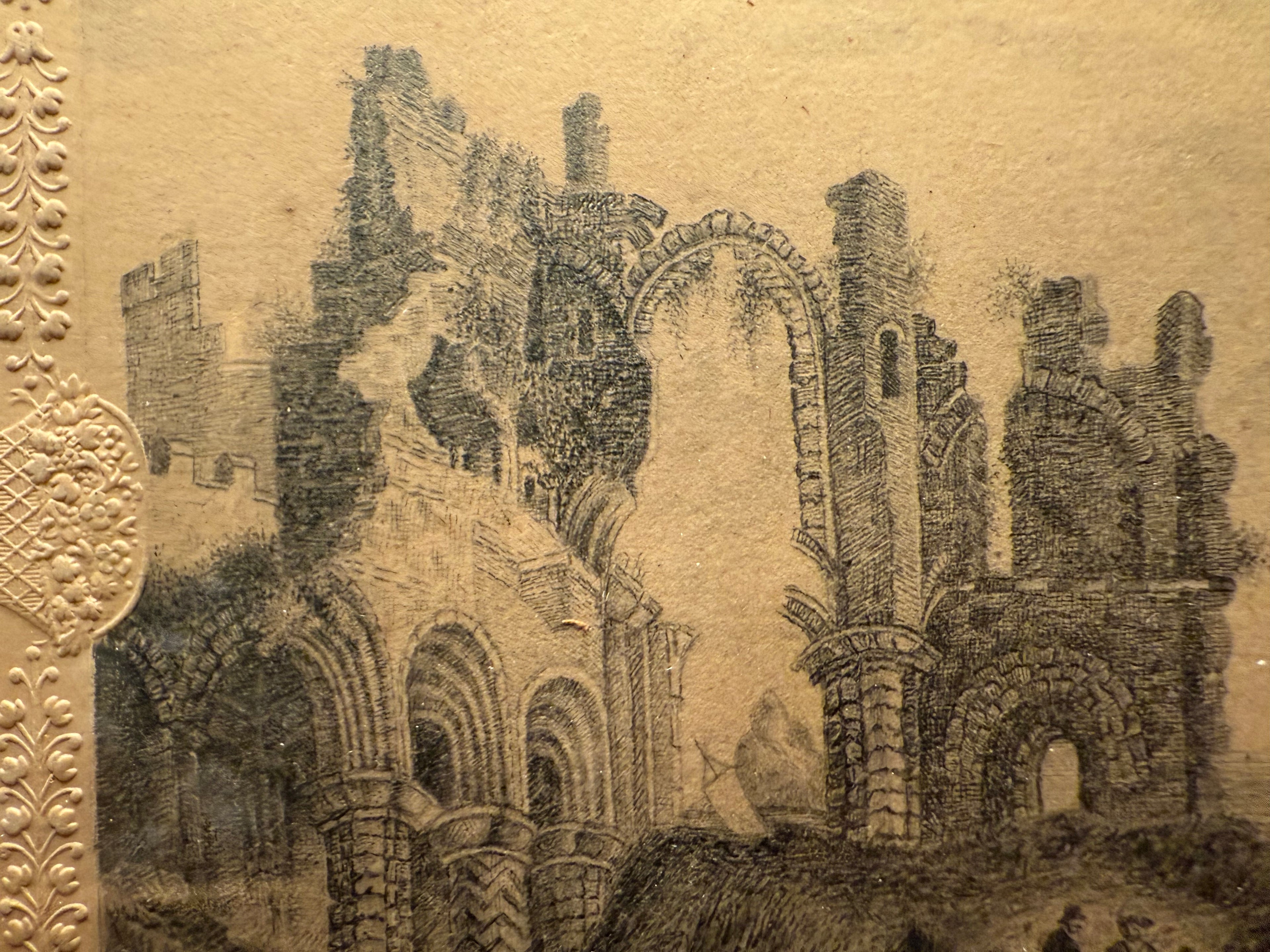 Miniature pencil drawing in embossed cartouche circa 1840-60.