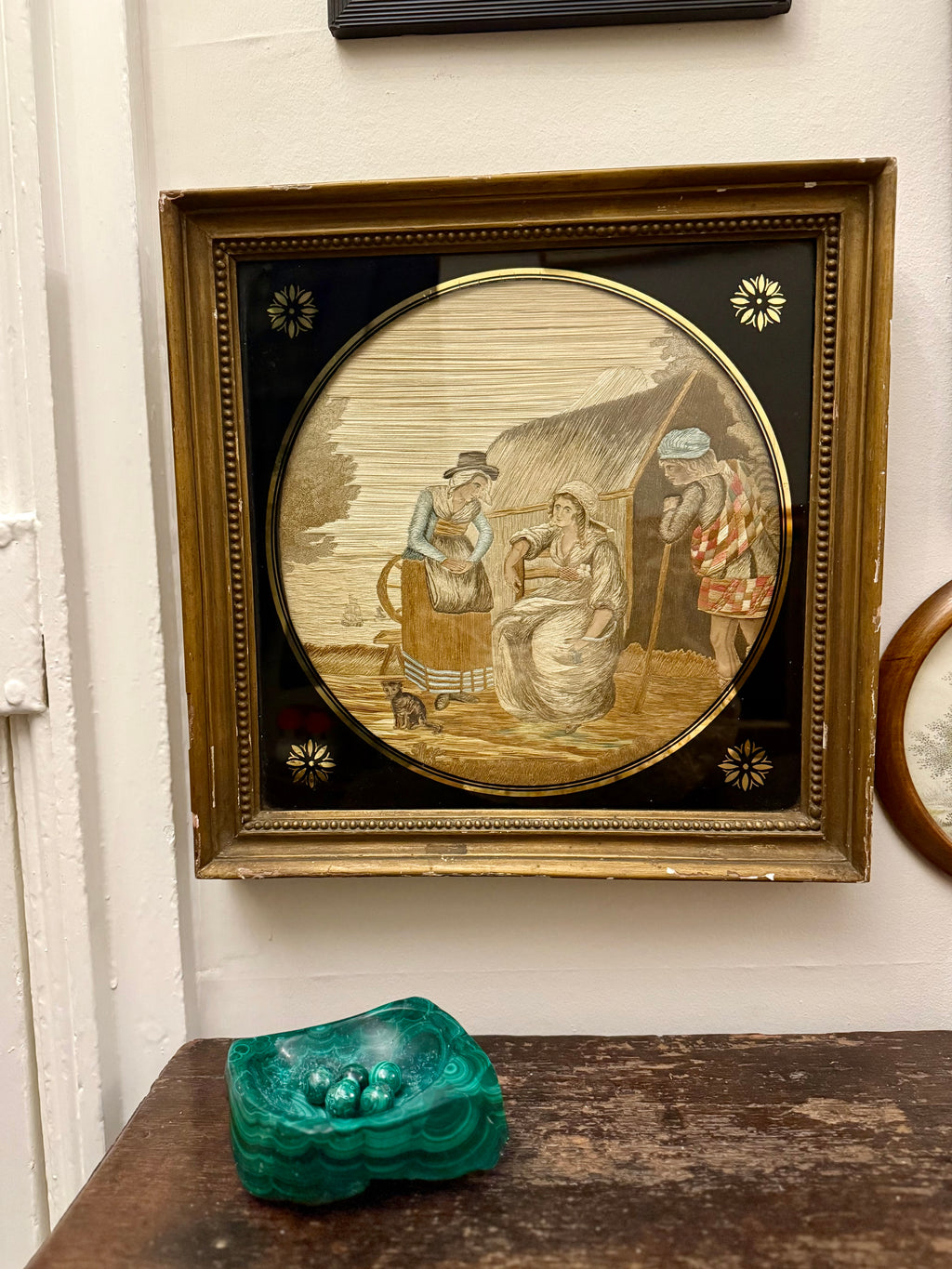 Georgian 18th century silk work with Scotsman and cat