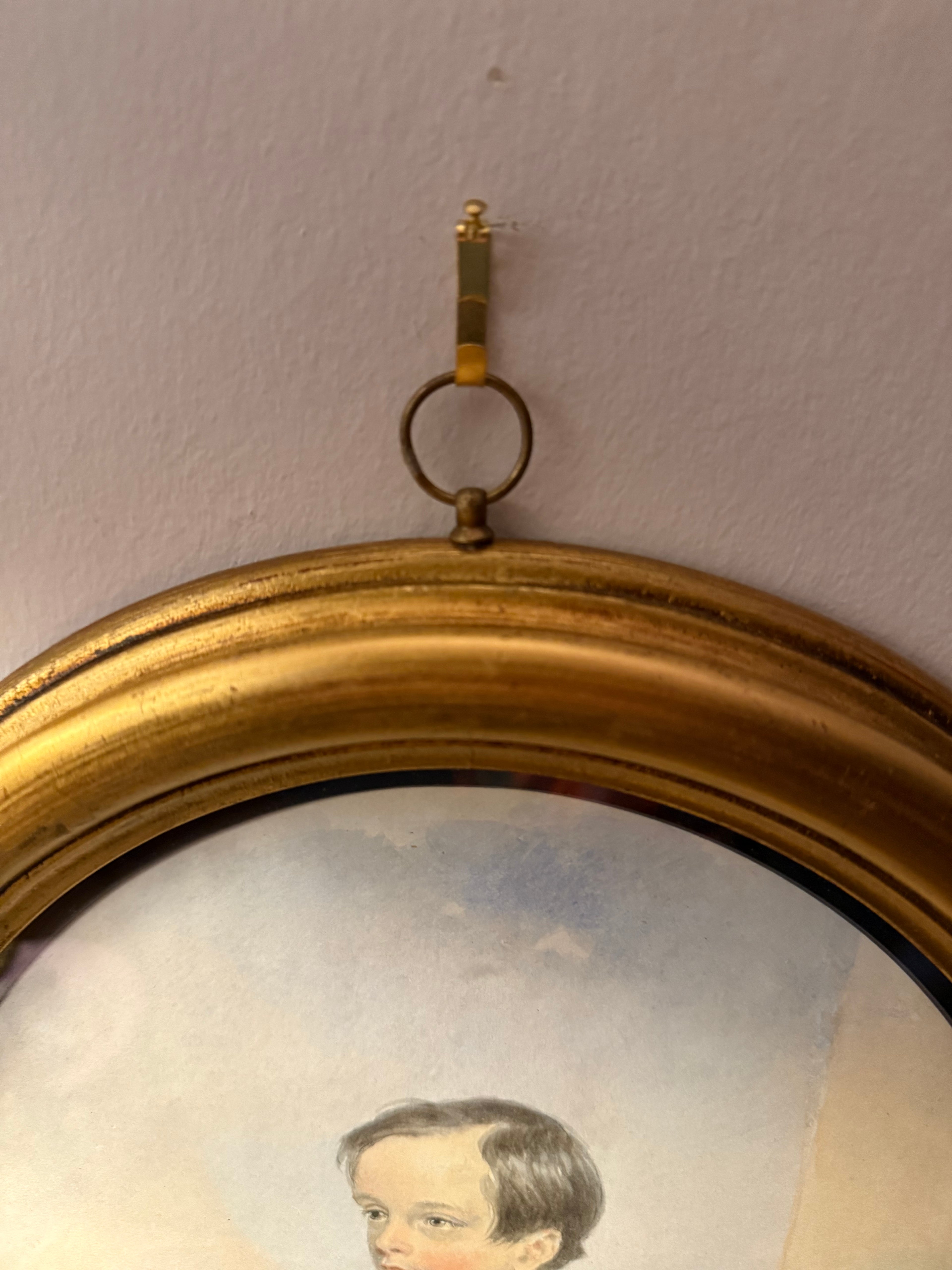 Victorian watercolour of a young boy in gold gilt frame