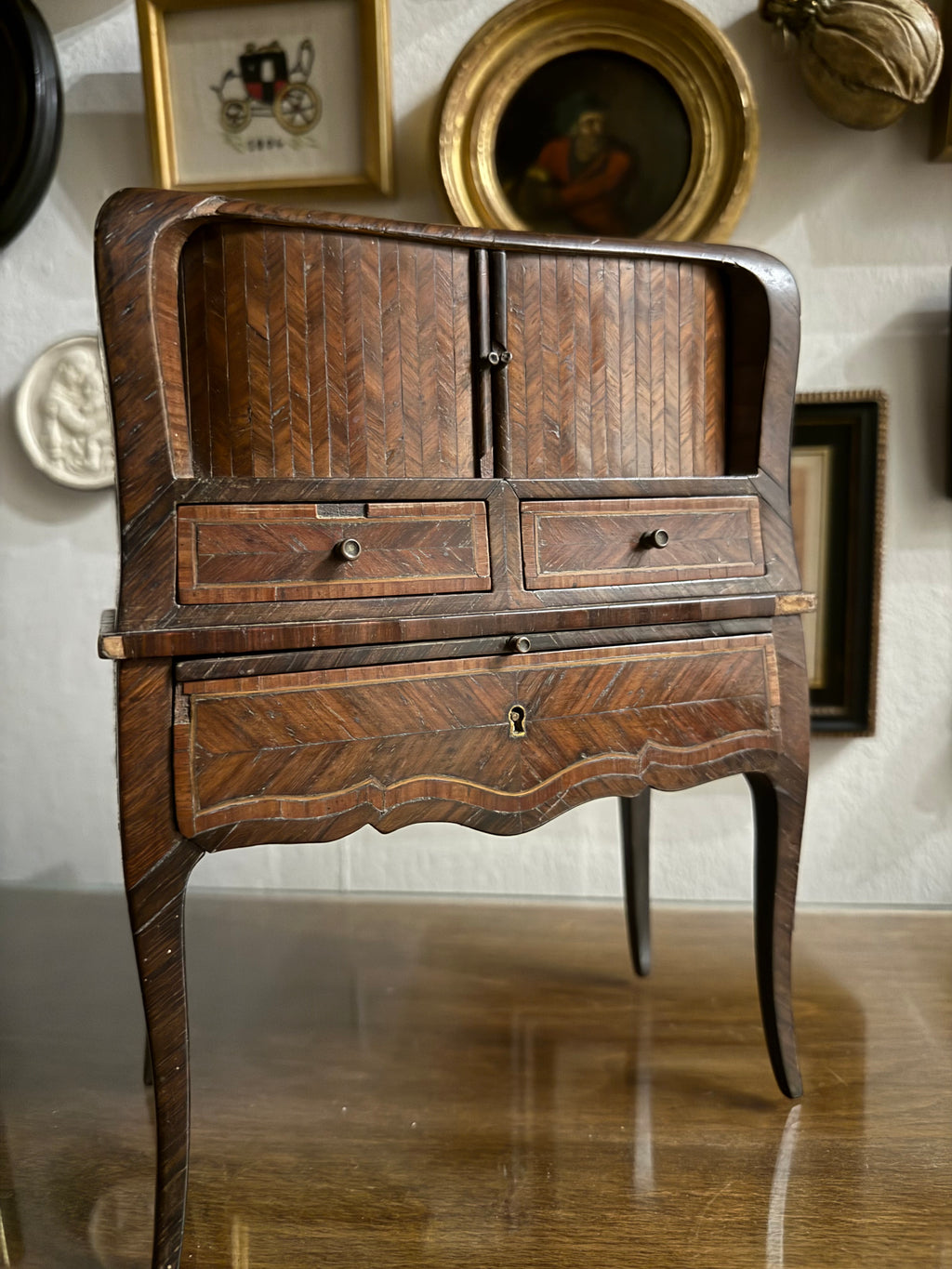Mid 19th century antique miniature tambour fronted cabinet