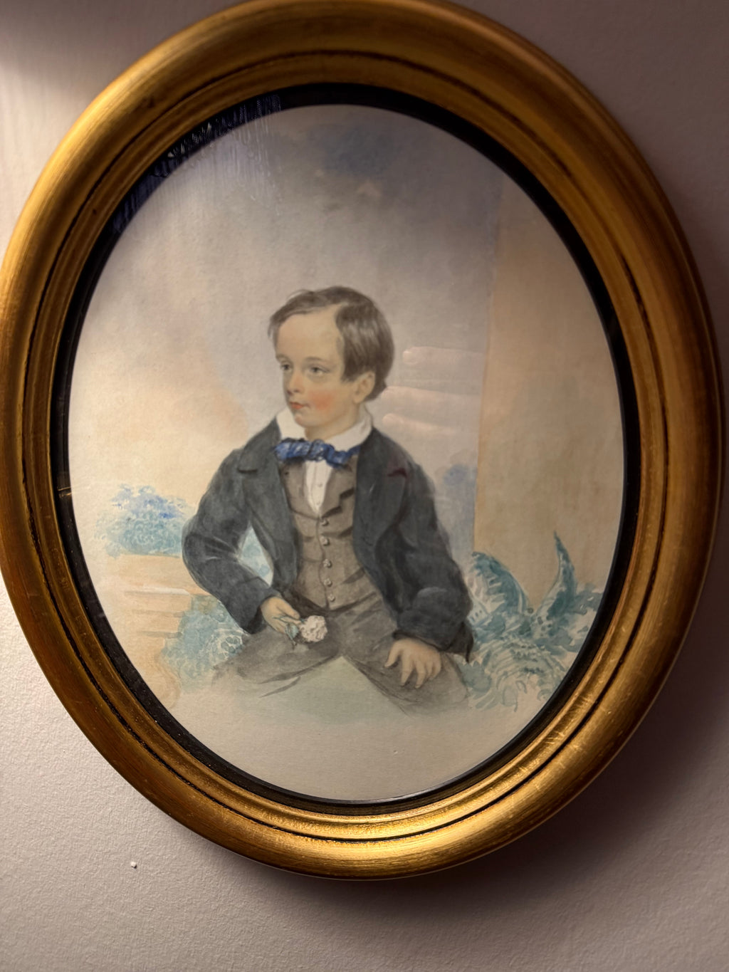 Victorian watercolour of a young boy in gold gilt frame