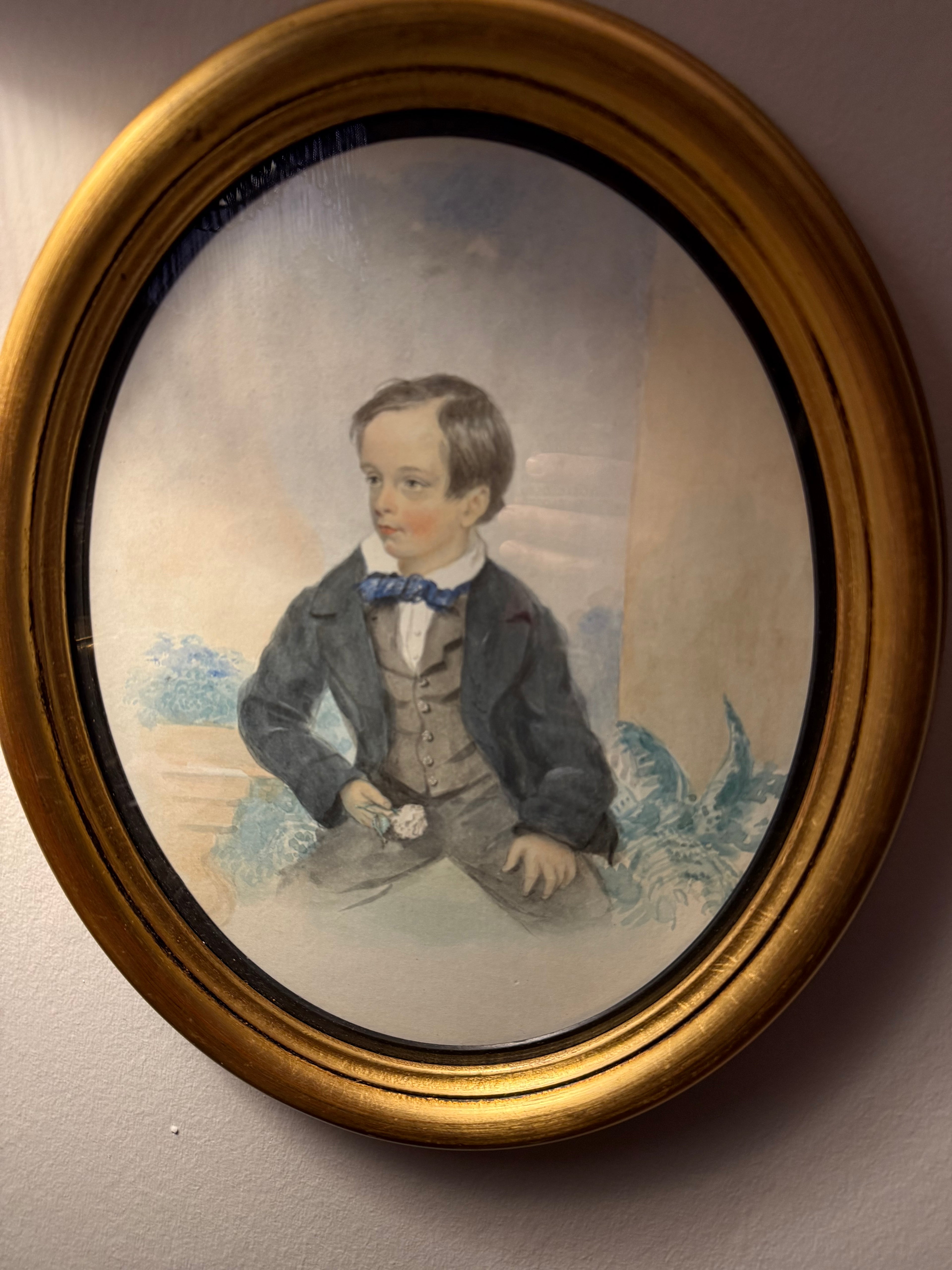 Victorian watercolour of a young boy in gold gilt frame