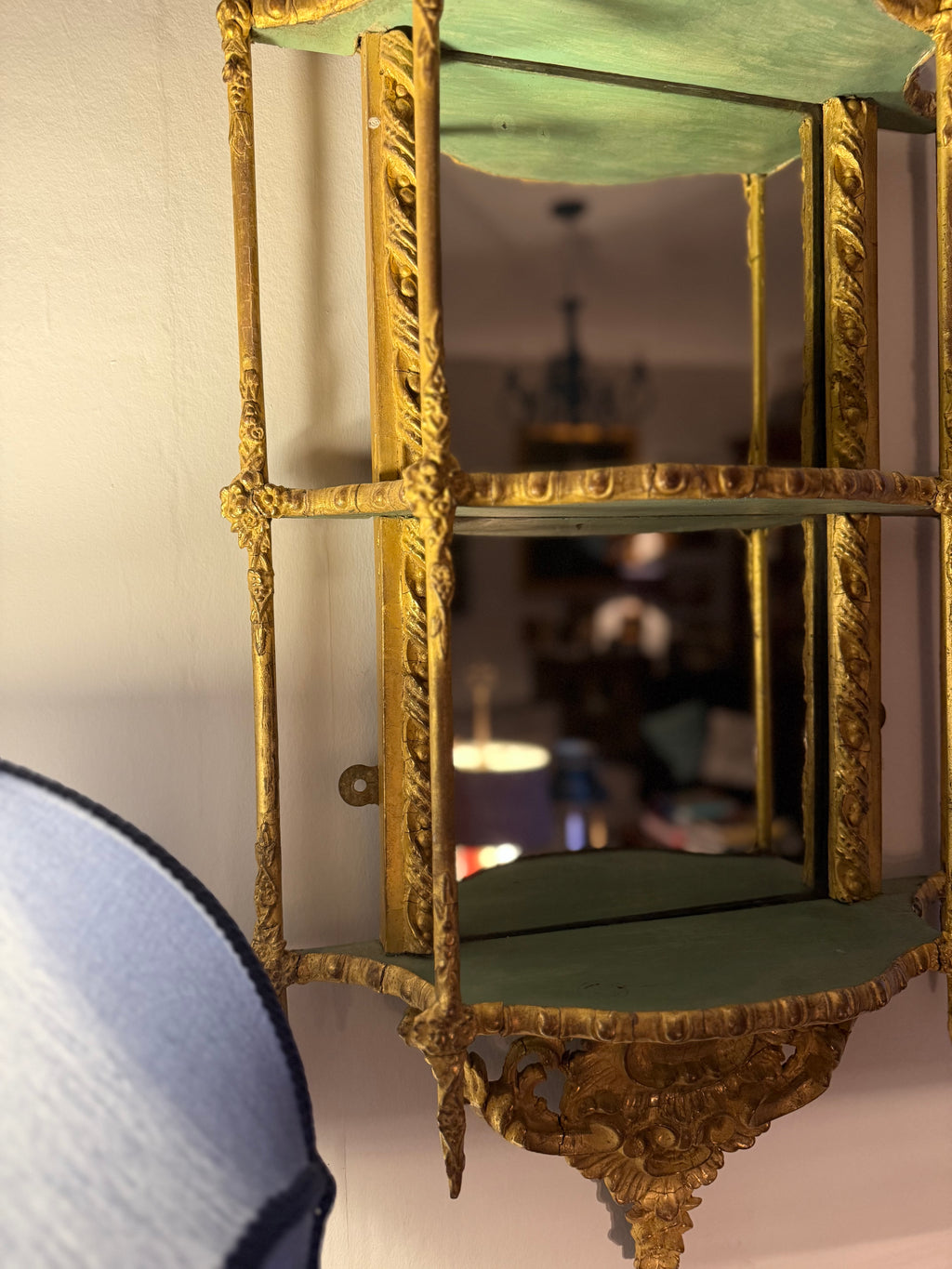 19th century gold and green mirrored wall shelf