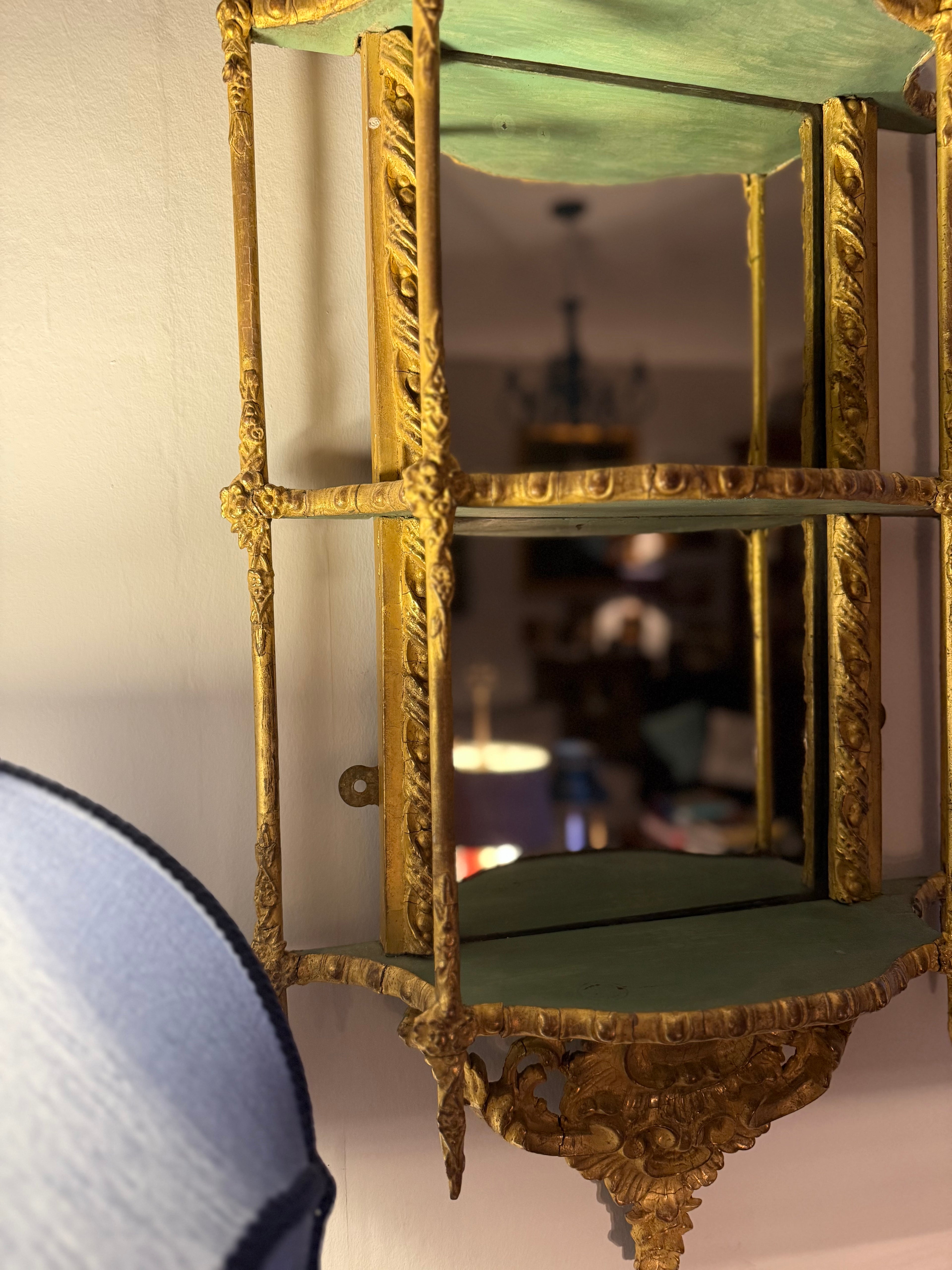 19th century gold and green mirrored wall shelf