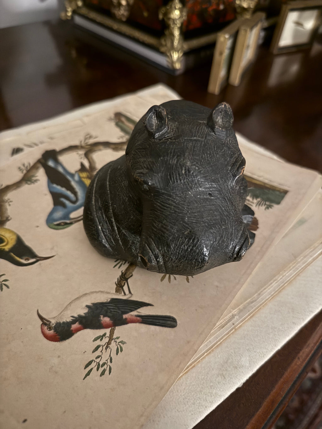 Hardwood ebonised antique carved hippo