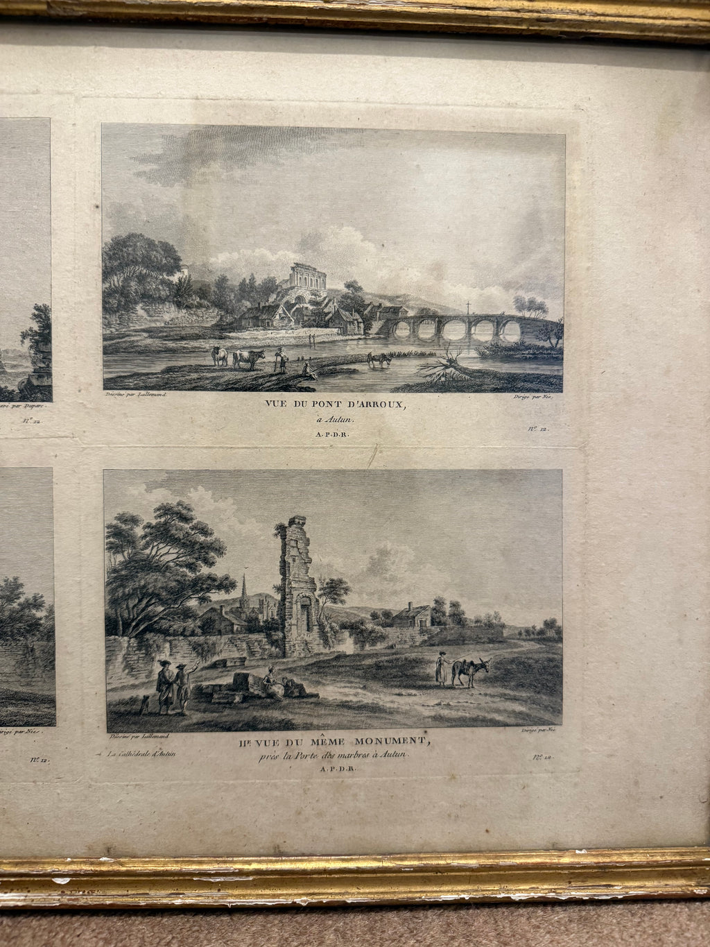 Pair of c1780 French uncut engravings of ruins in original frames