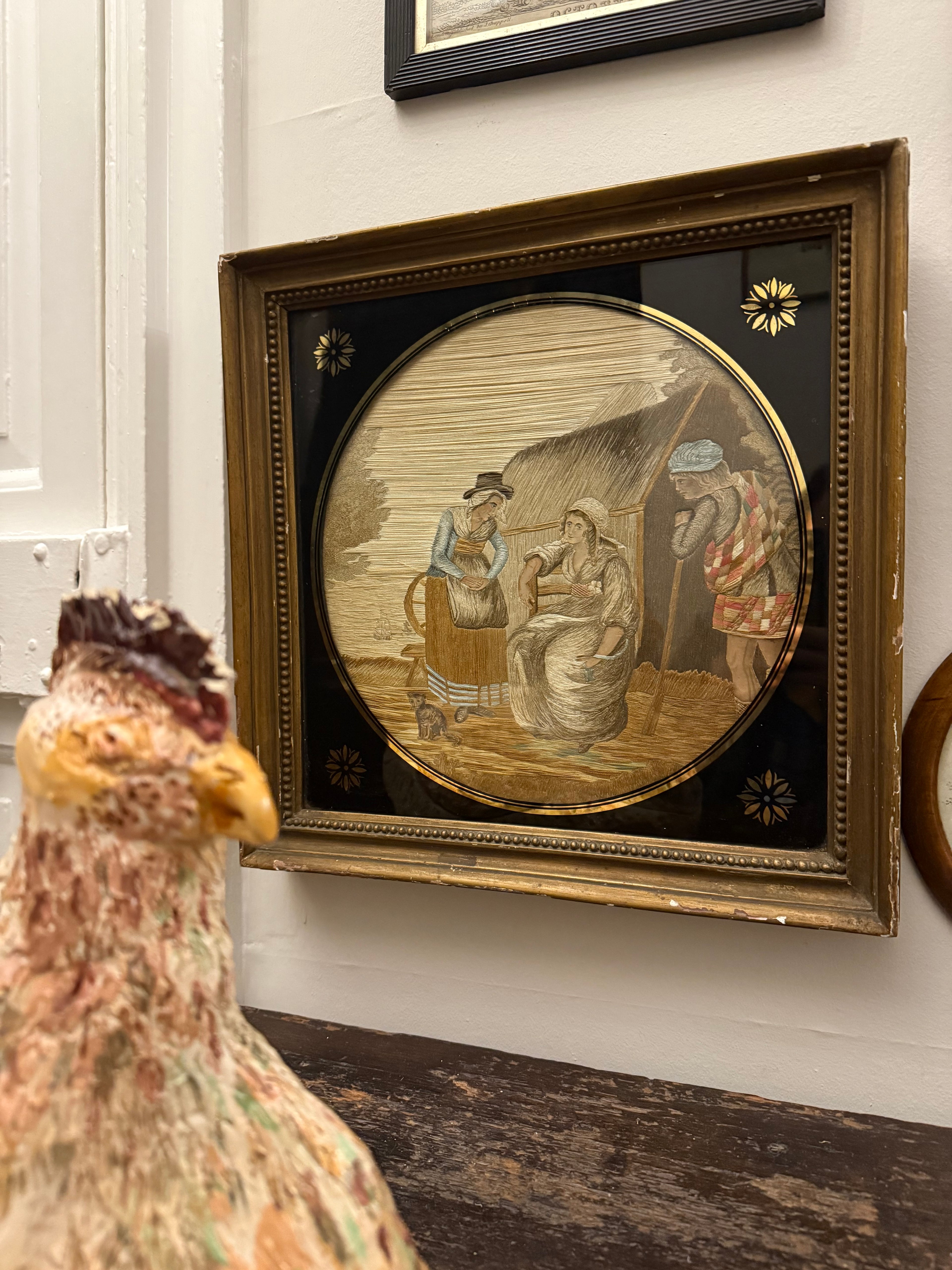 Georgian 18th century silk work with Scotsman and cat