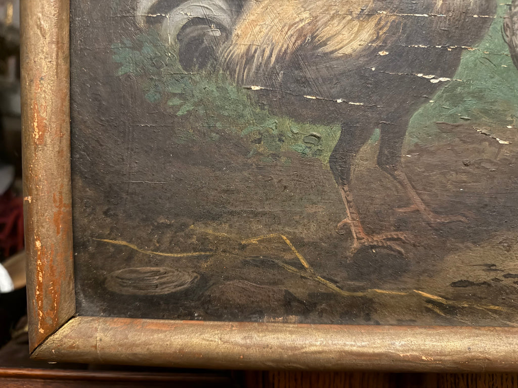 1860 oil on board antique French naive chicken painting