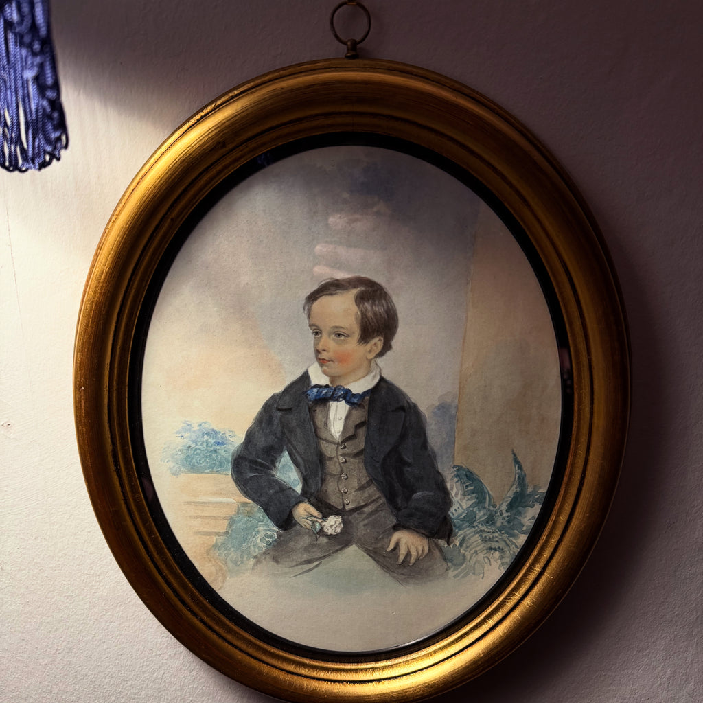 Victorian watercolour of a young boy in gold gilt frame
