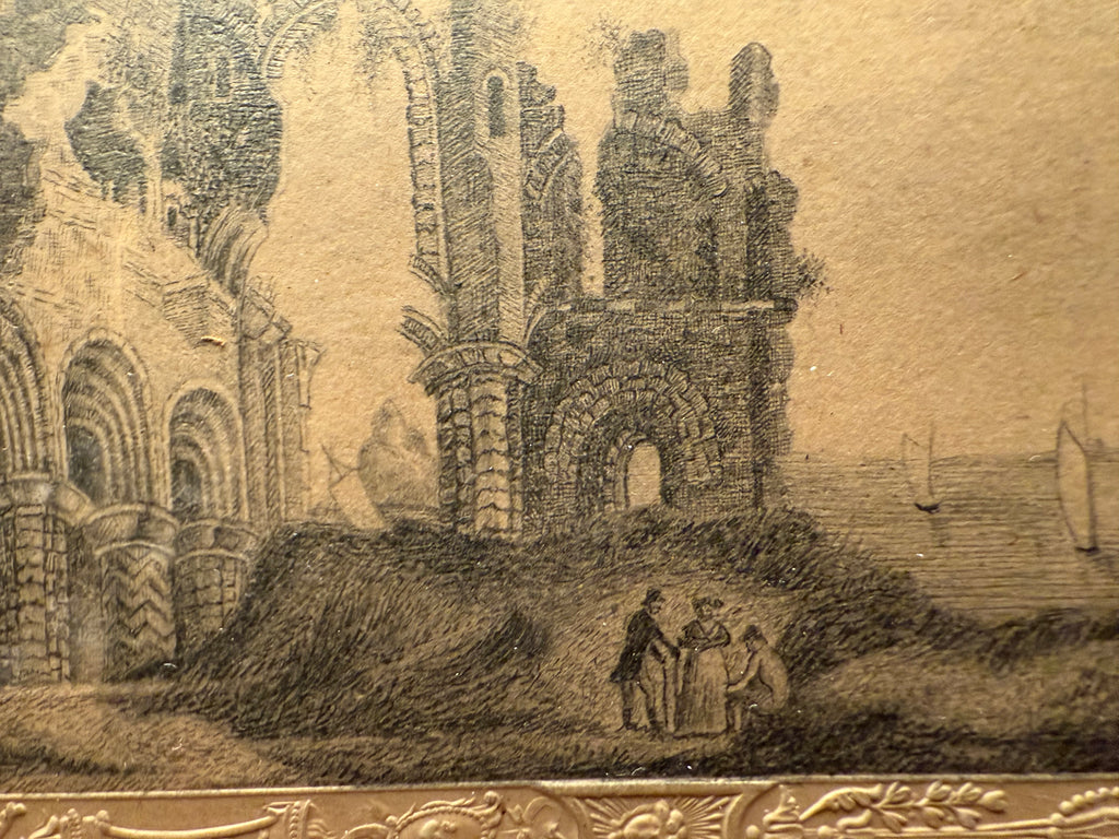 Miniature pencil drawing in embossed cartouche circa 1840-60.