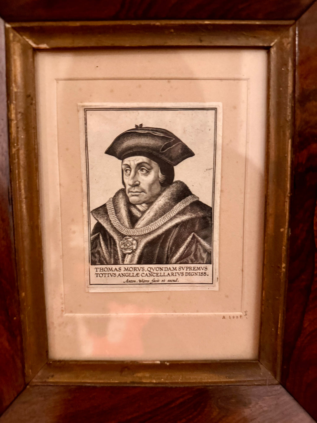Antique Old Master engraving of Thomas More by Antony Weirx circa 1620 in satinwood frame