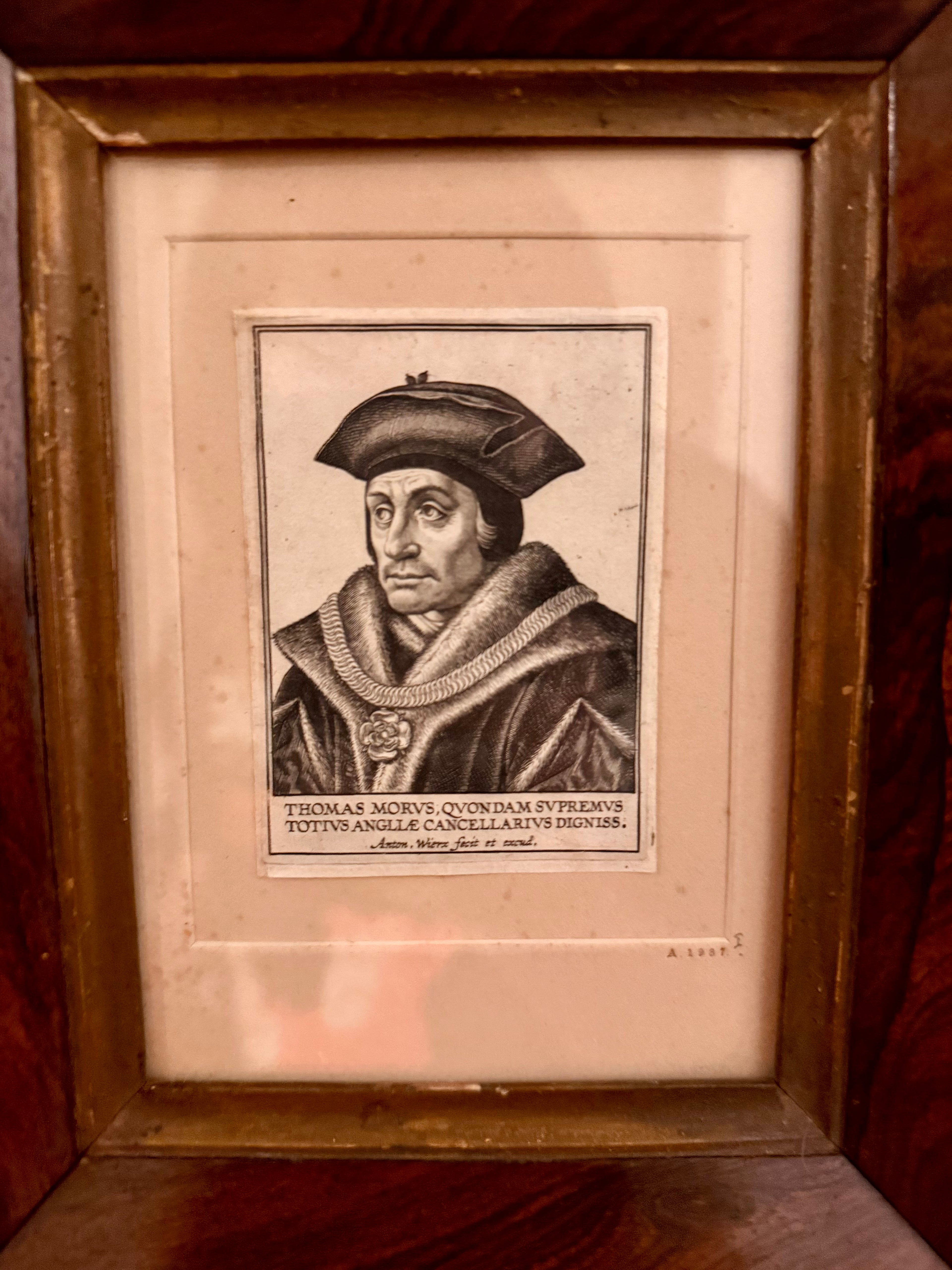 Antique Old Master engraving of Thomas More by Antony Weirx circa 1620 in satinwood frame