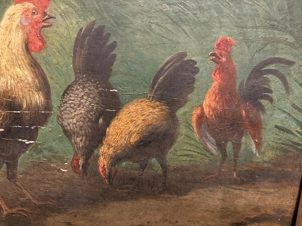 1860 oil on board antique French naive chicken painting