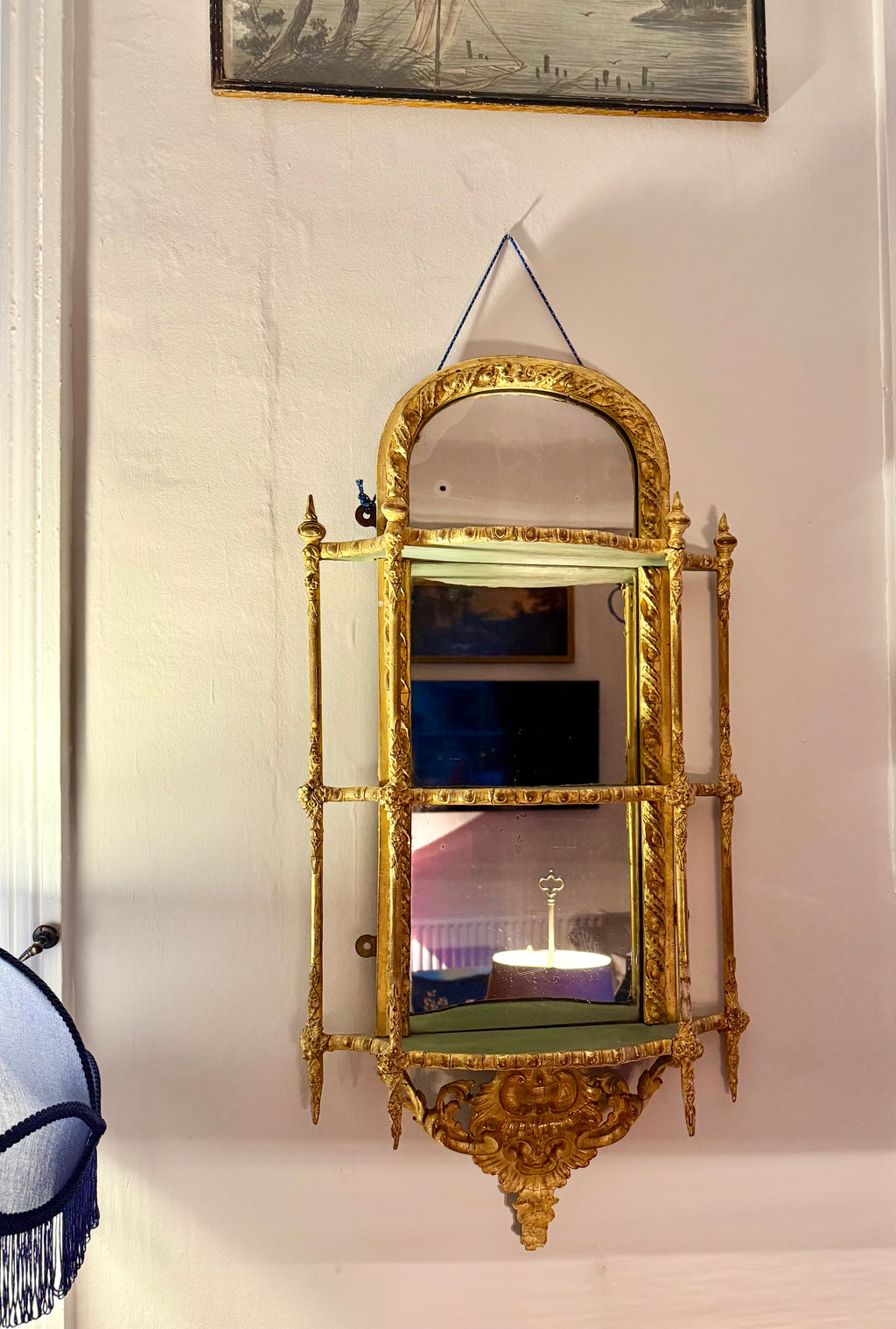 19th century gold and green mirrored wall shelf
