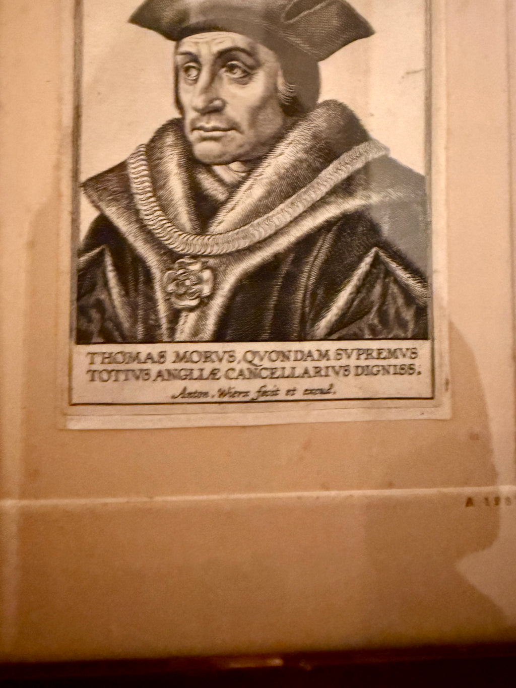 Antique Old Master engraving of Thomas More by Antony Weirx circa 1620 in satinwood frame