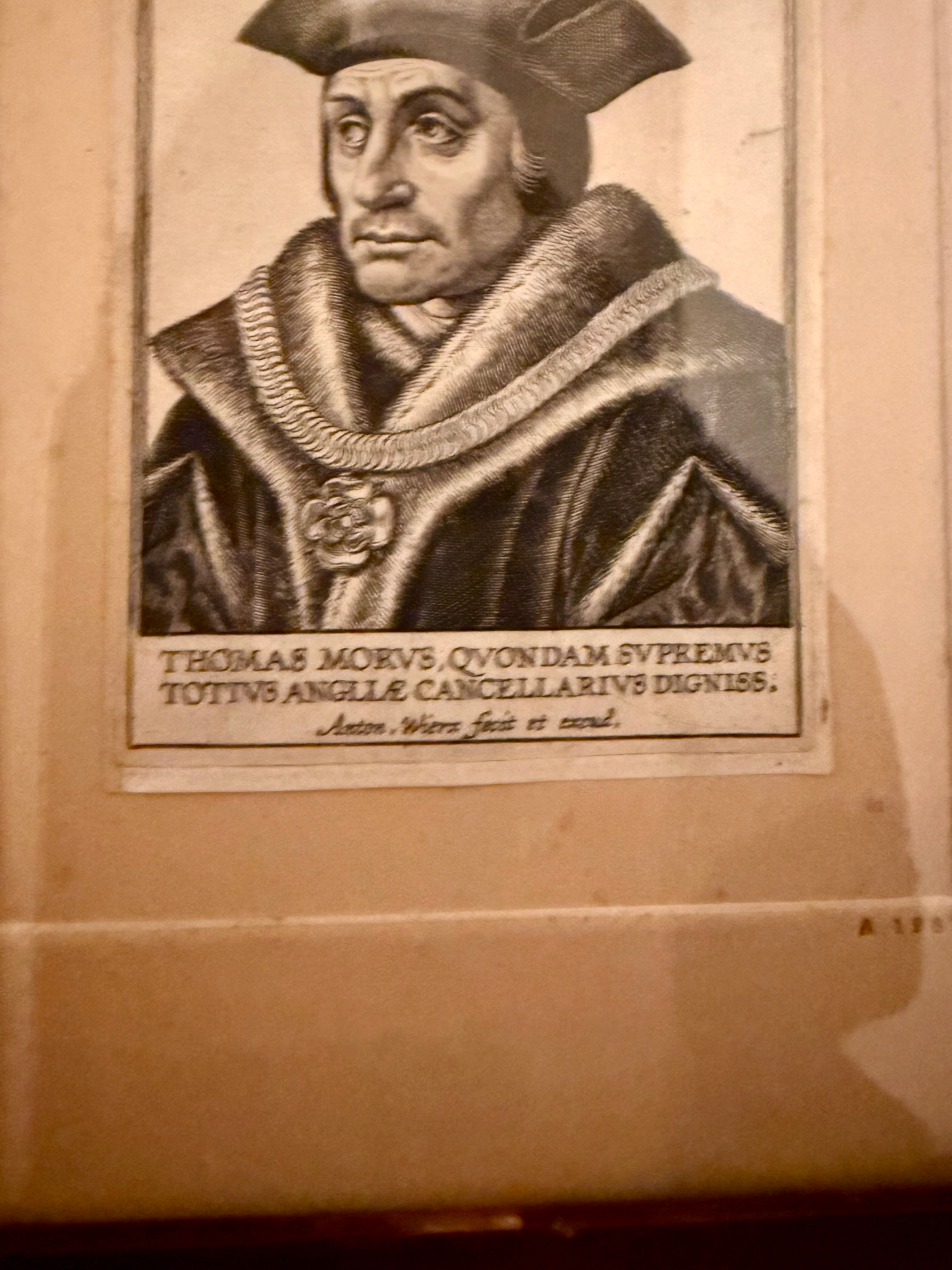 Antique Old Master engraving of Thomas More by Antony Weirx circa 1620 in satinwood frame