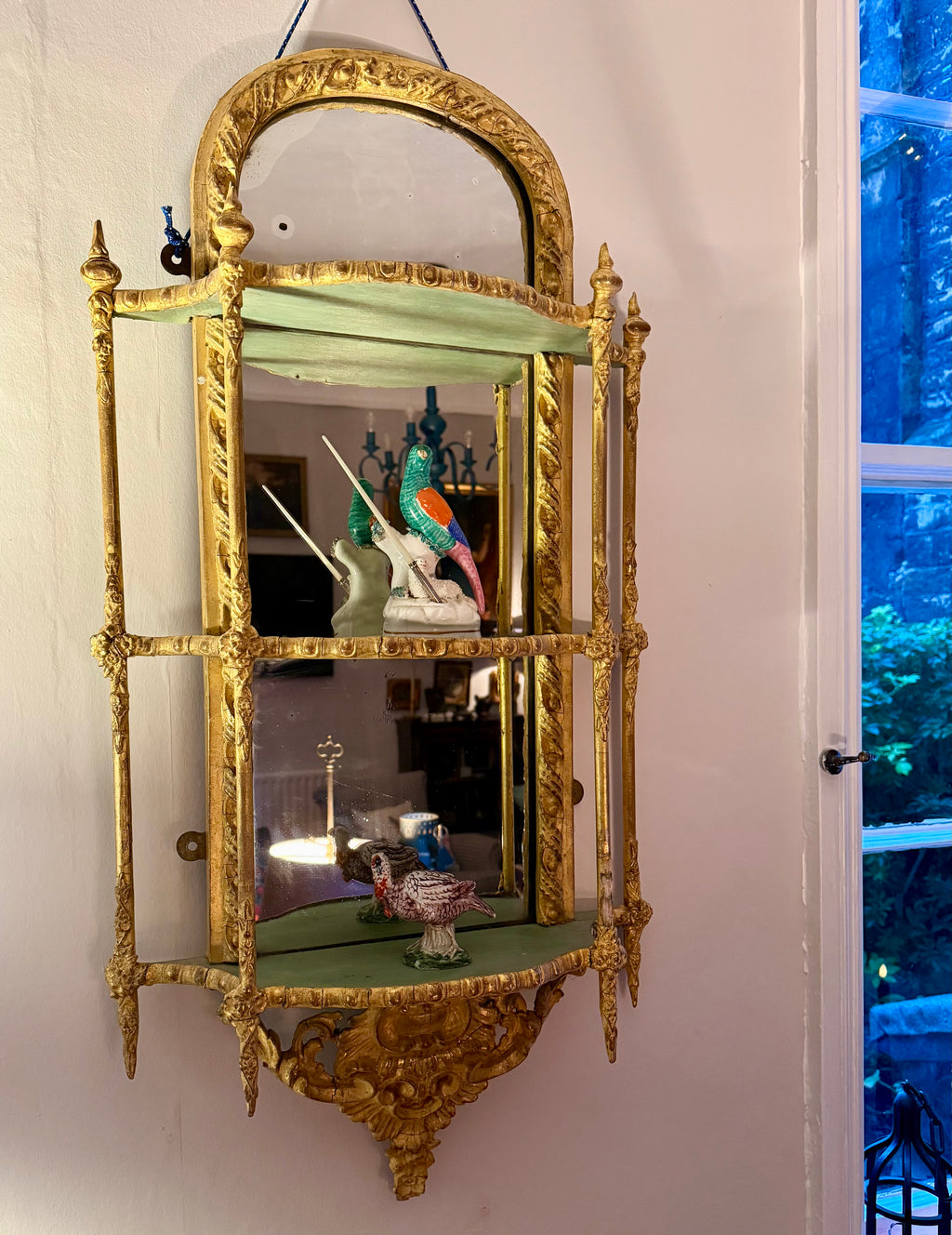 19th century gold and green mirrored wall shelf
