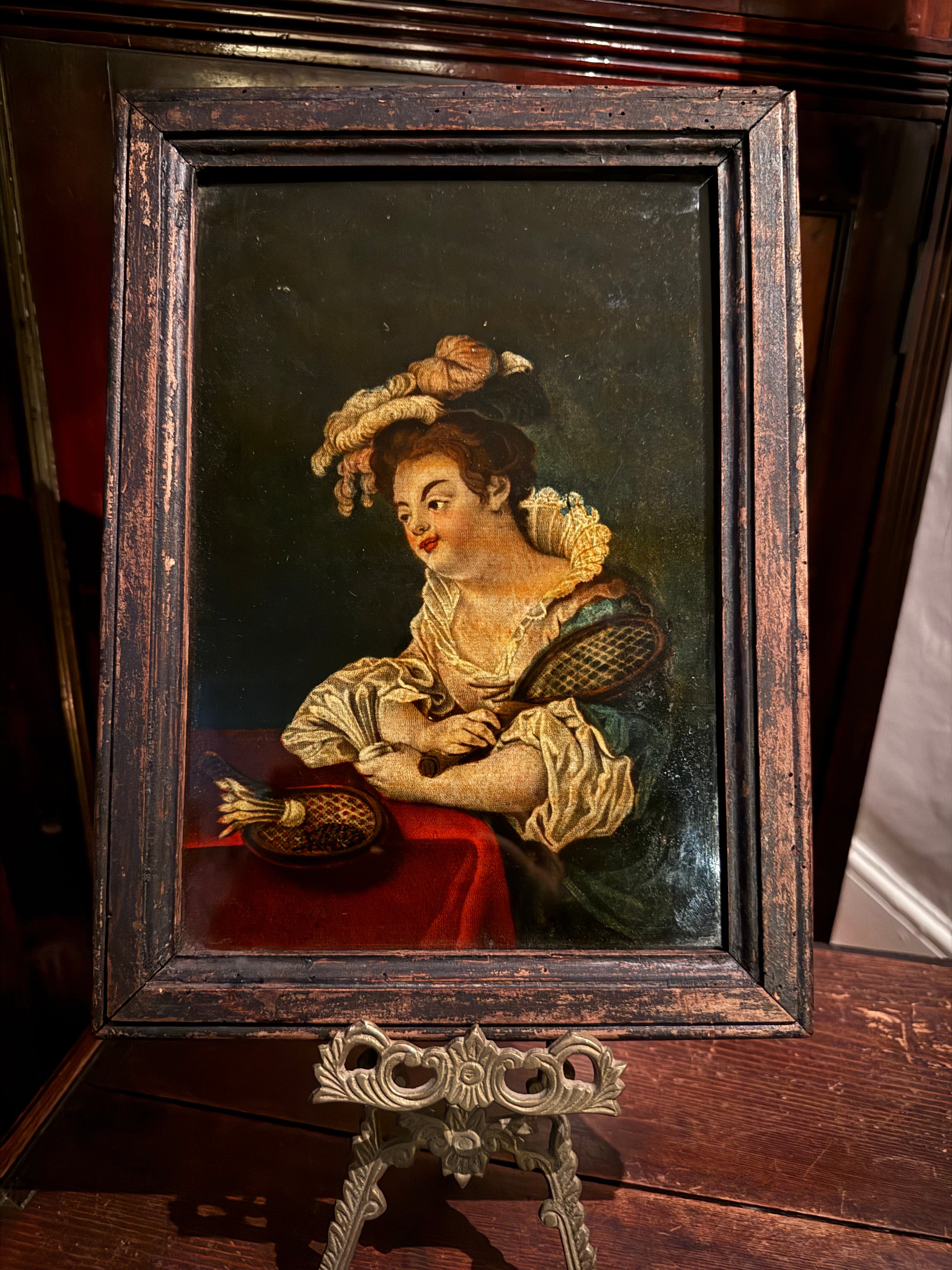 Georgian hand painted reverse glass mezzotint of woman with shuttlecock