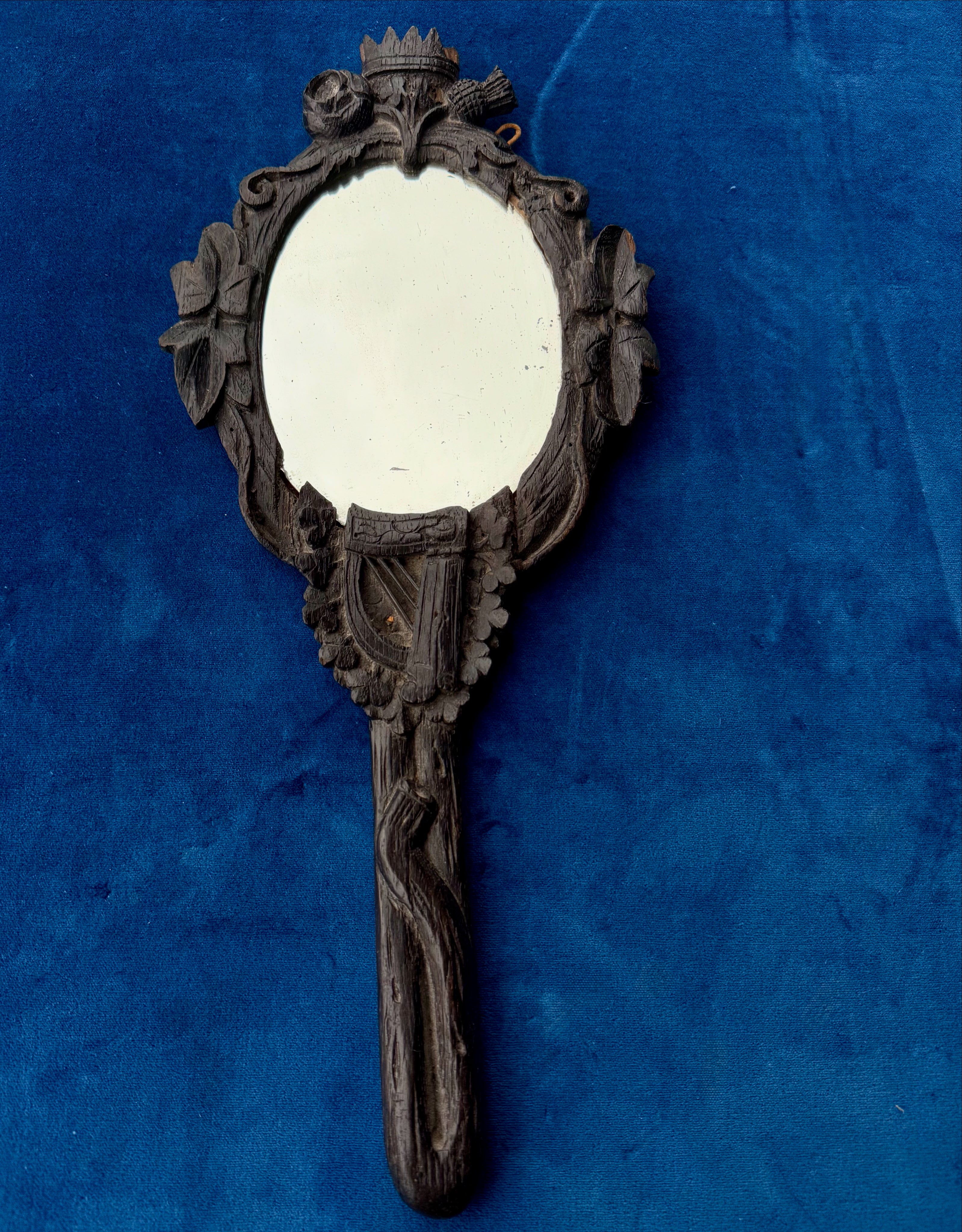 Folk art hand carved Irish bog wood mirror