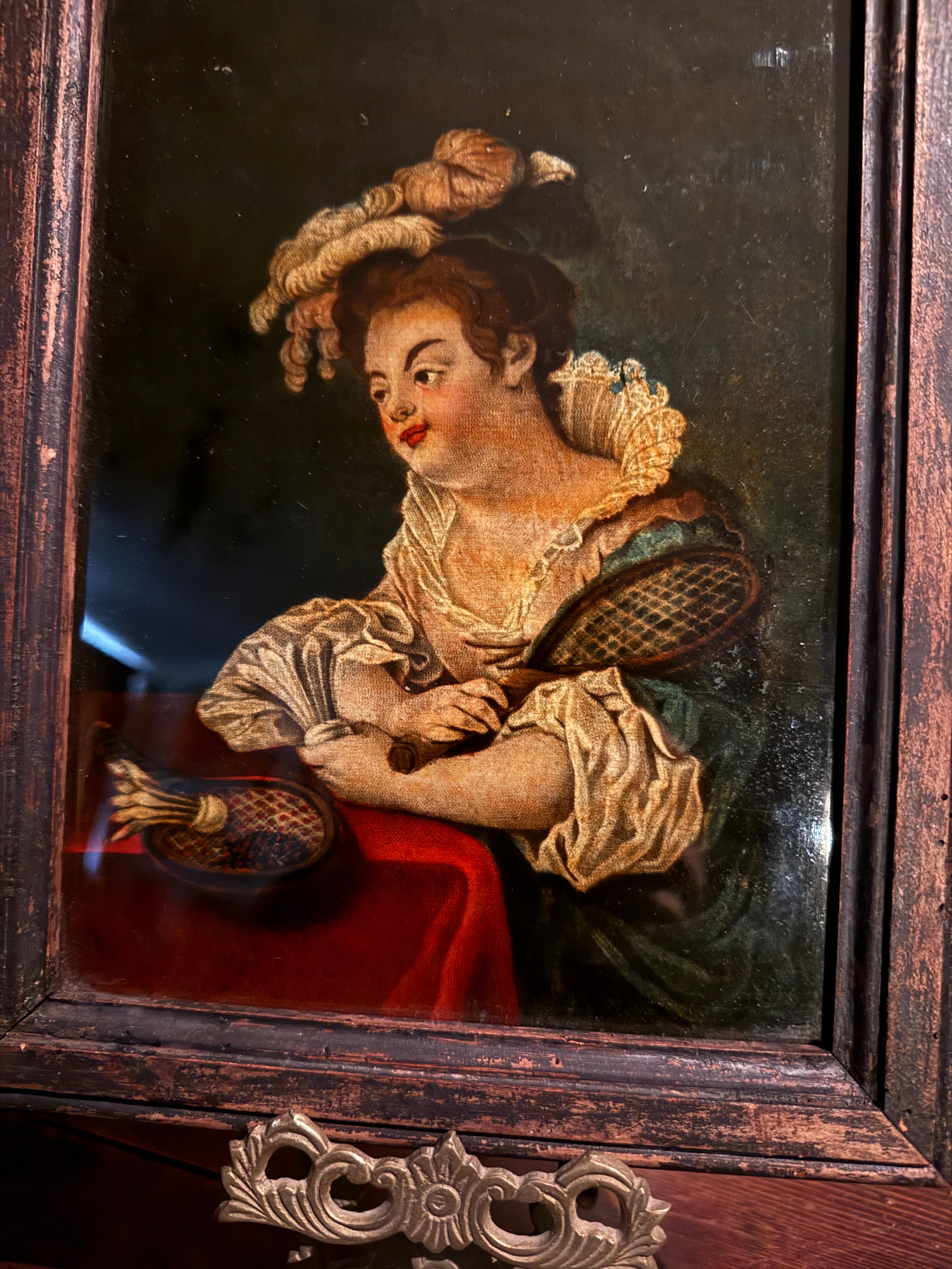 Georgian hand painted reverse glass mezzotint of woman with shuttlecock