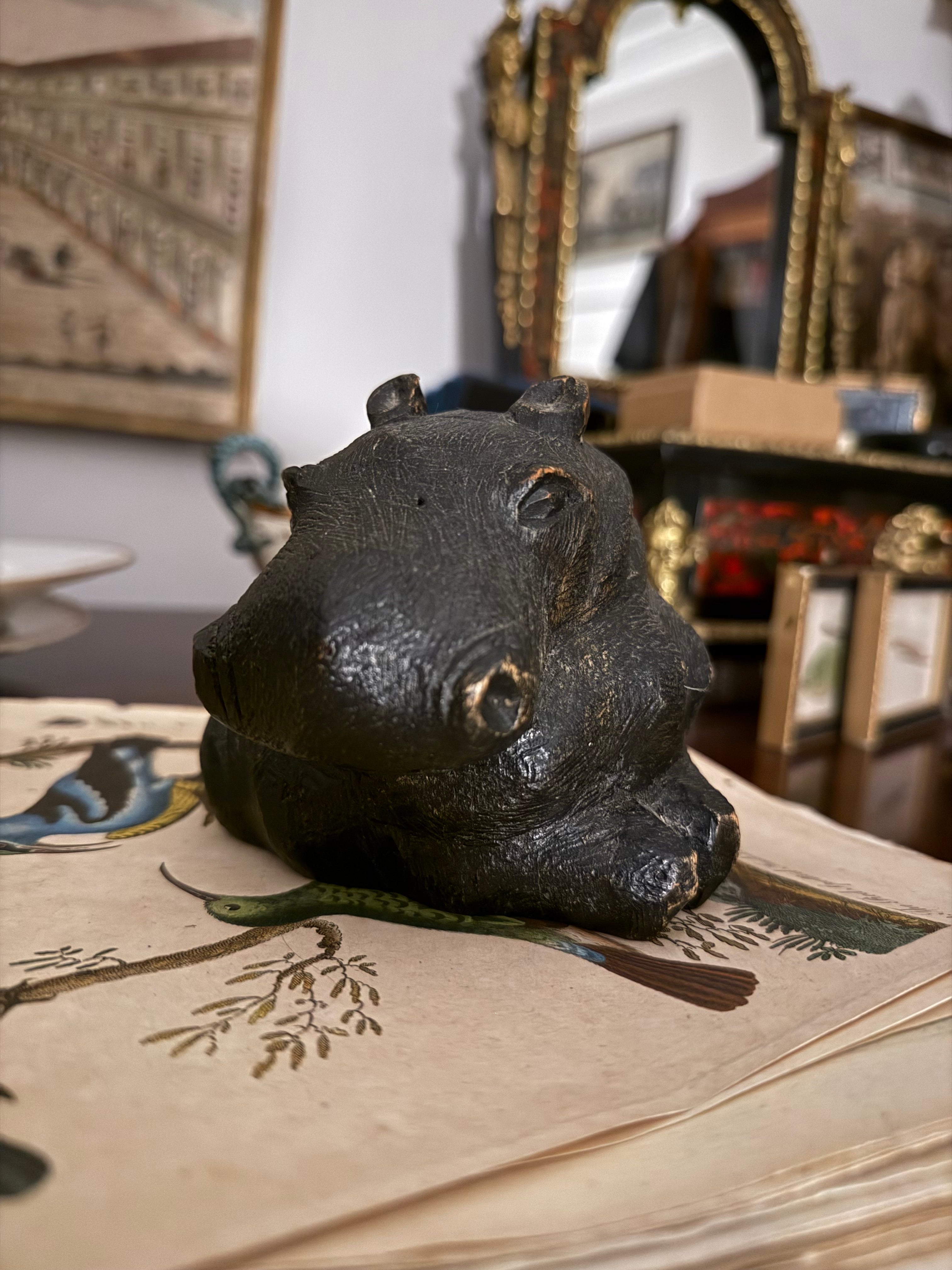 Hardwood ebonised antique carved hippo