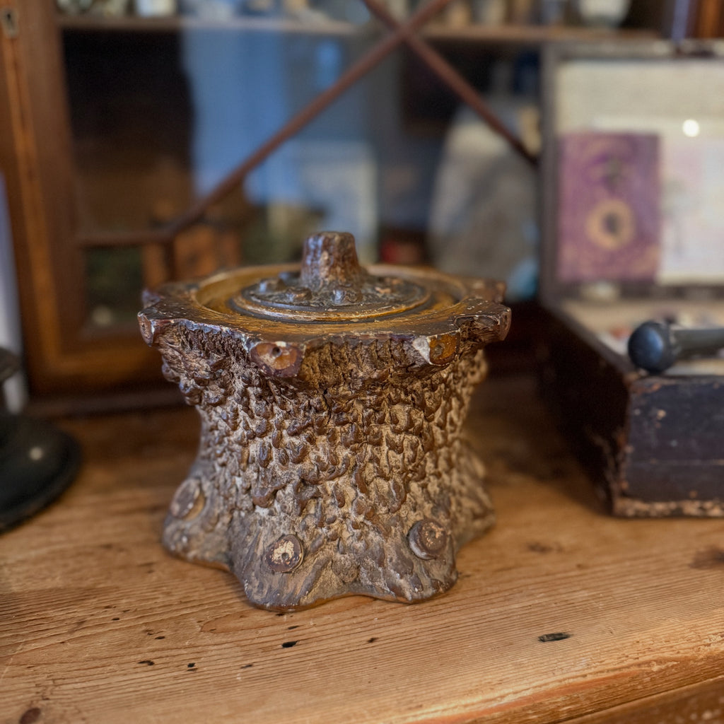 19th century ceramic faux bois tobacco canister