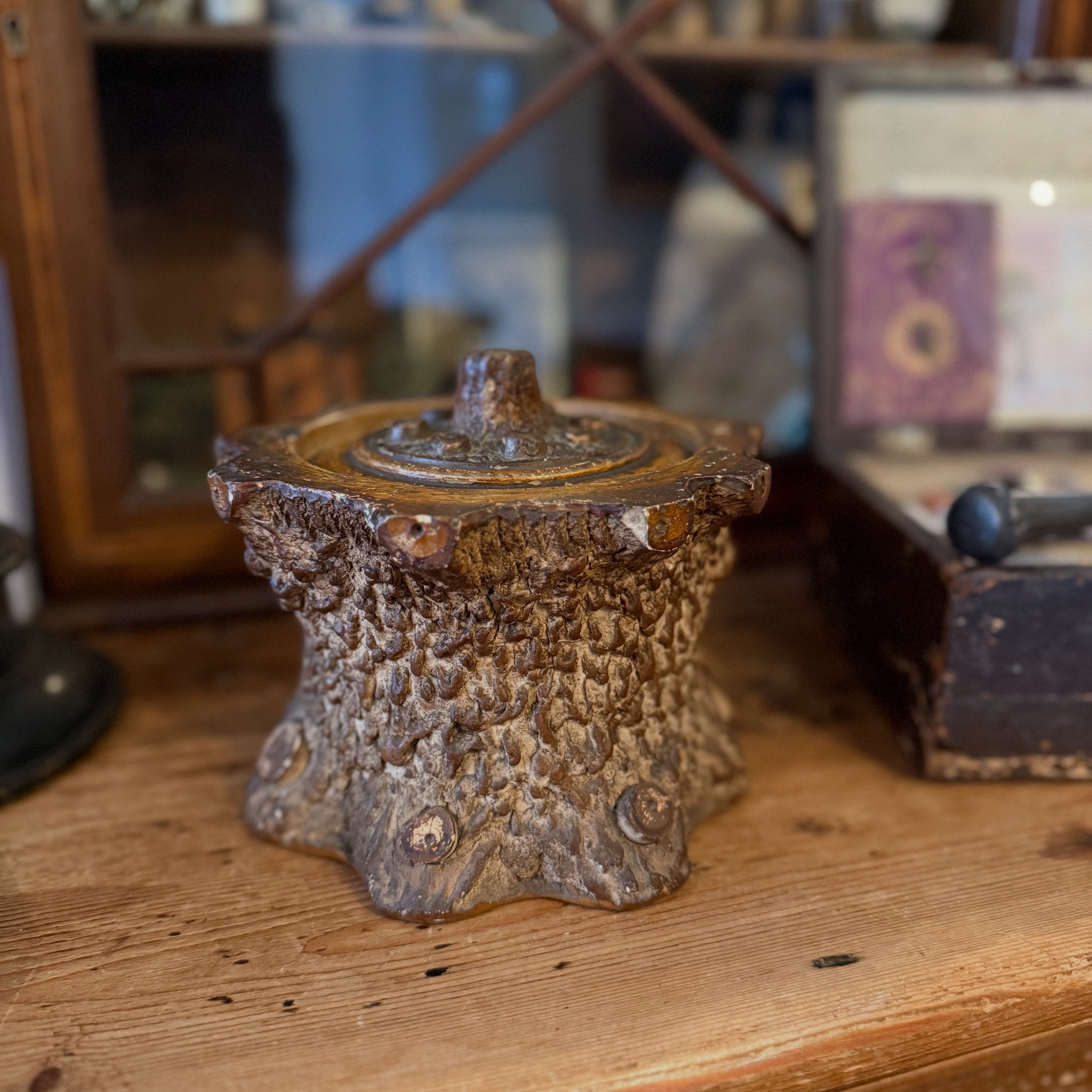 19th century ceramic faux bois tobacco canister