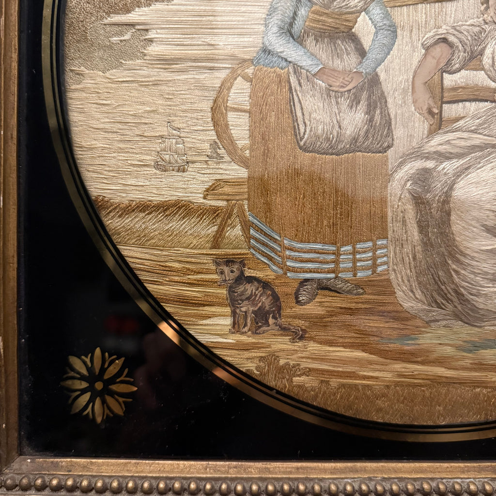 Georgian 18th century silk work with Scotsman and cat