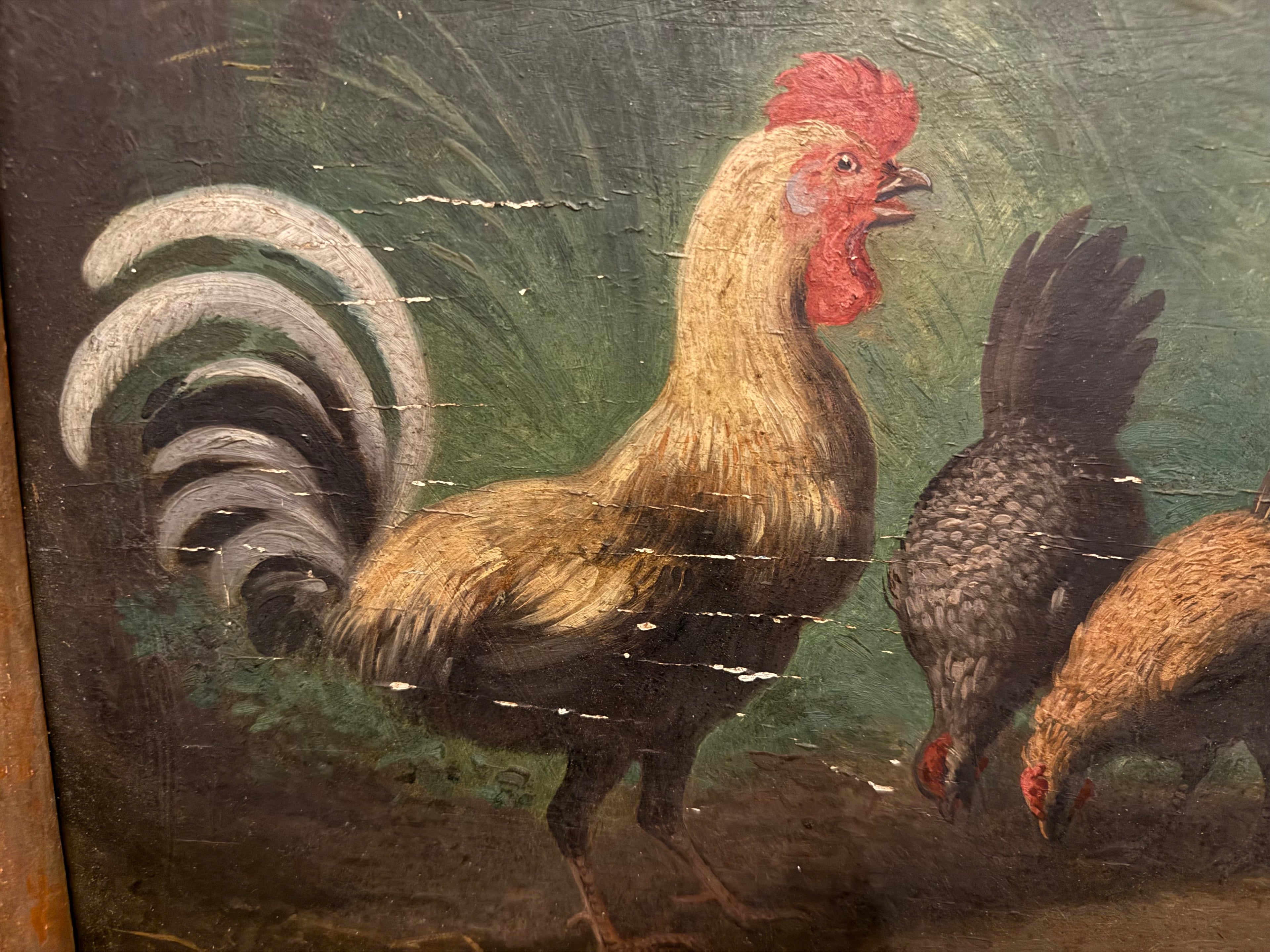 1860 oil on board antique French naive chicken painting