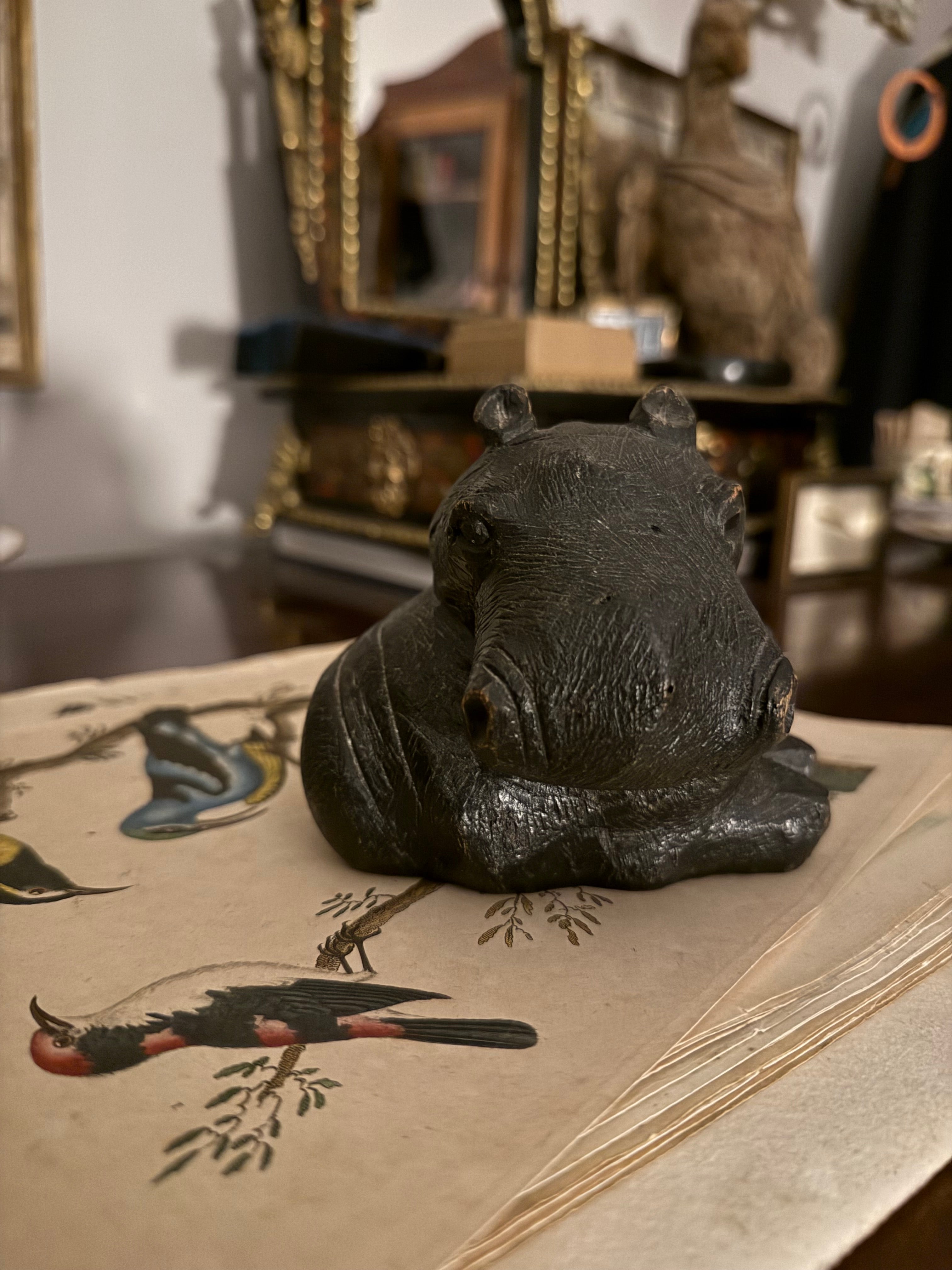 Hardwood ebonised antique carved hippo