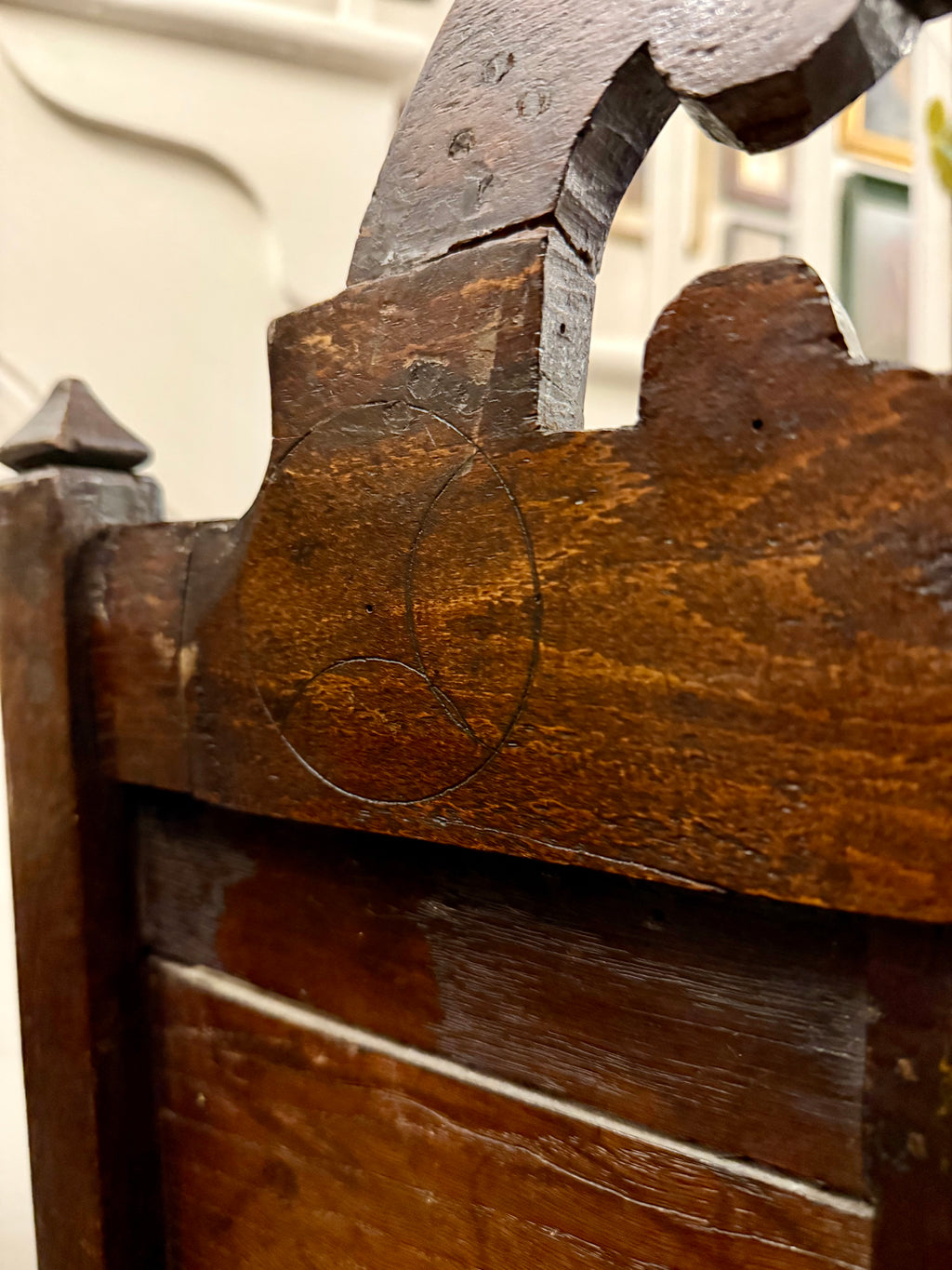 17th century chair with original witch protection marks daisy wheels