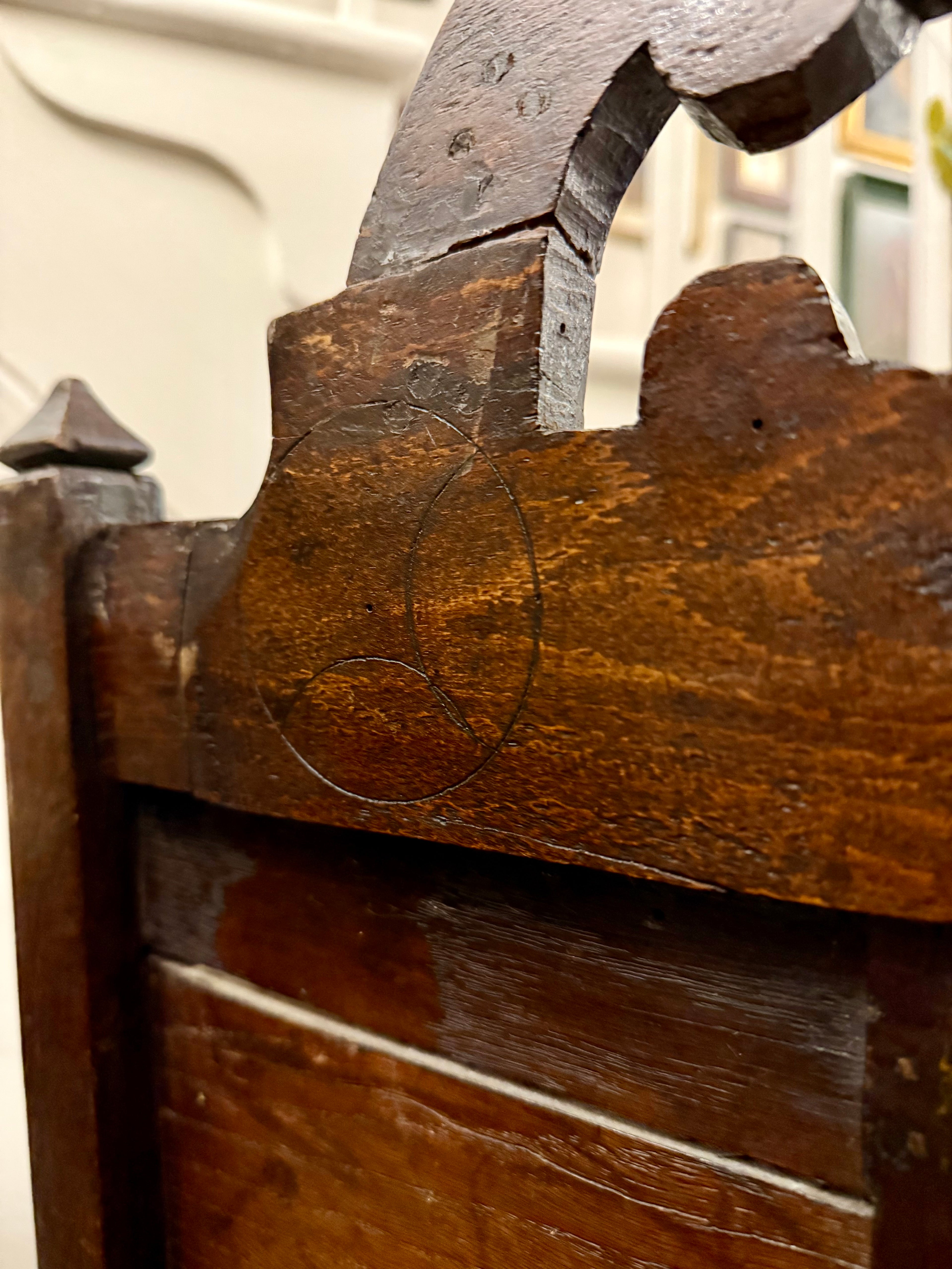 17th century chair with original witch protection marks daisy wheels