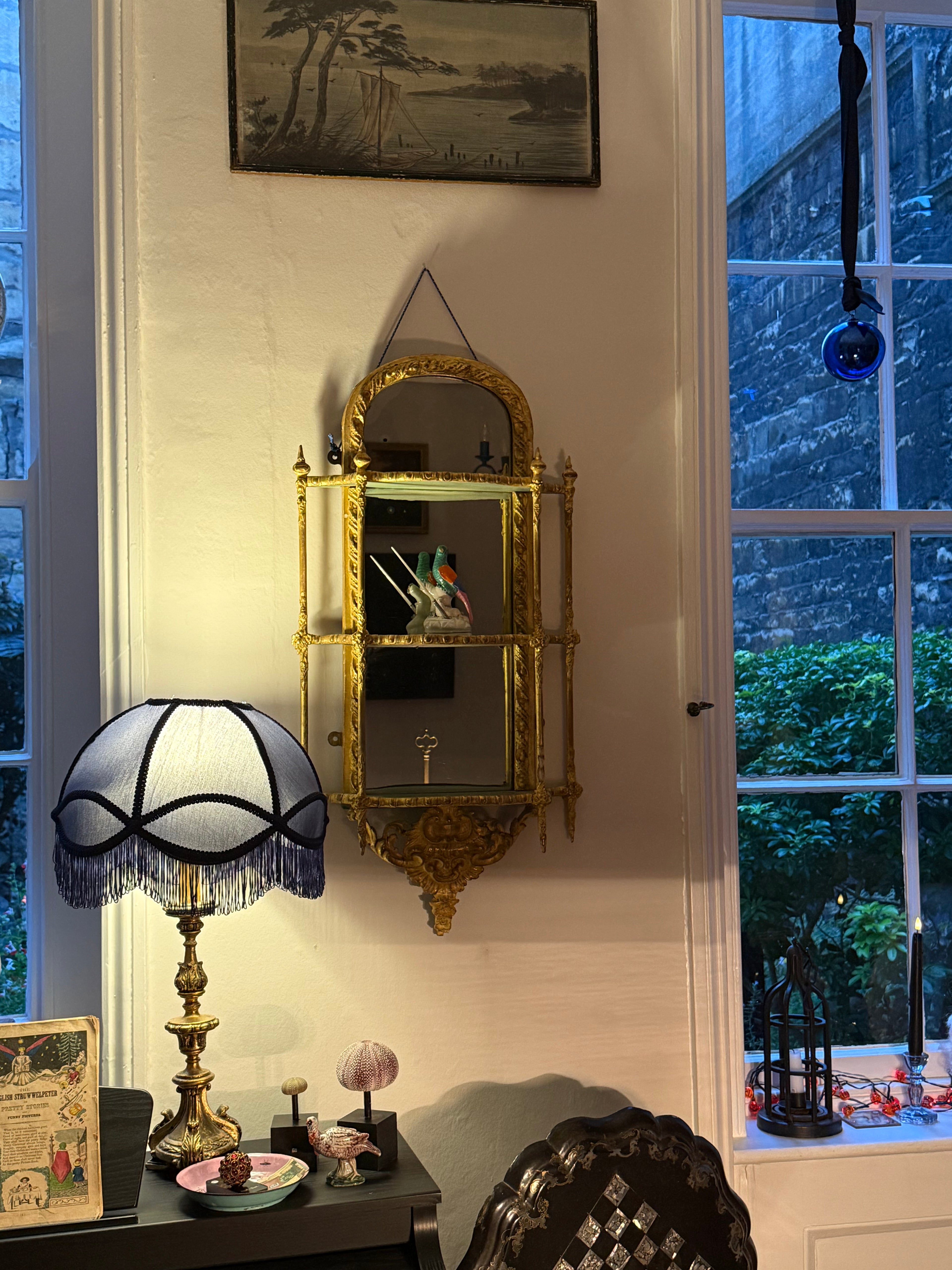 19th century gold and green mirrored wall shelf