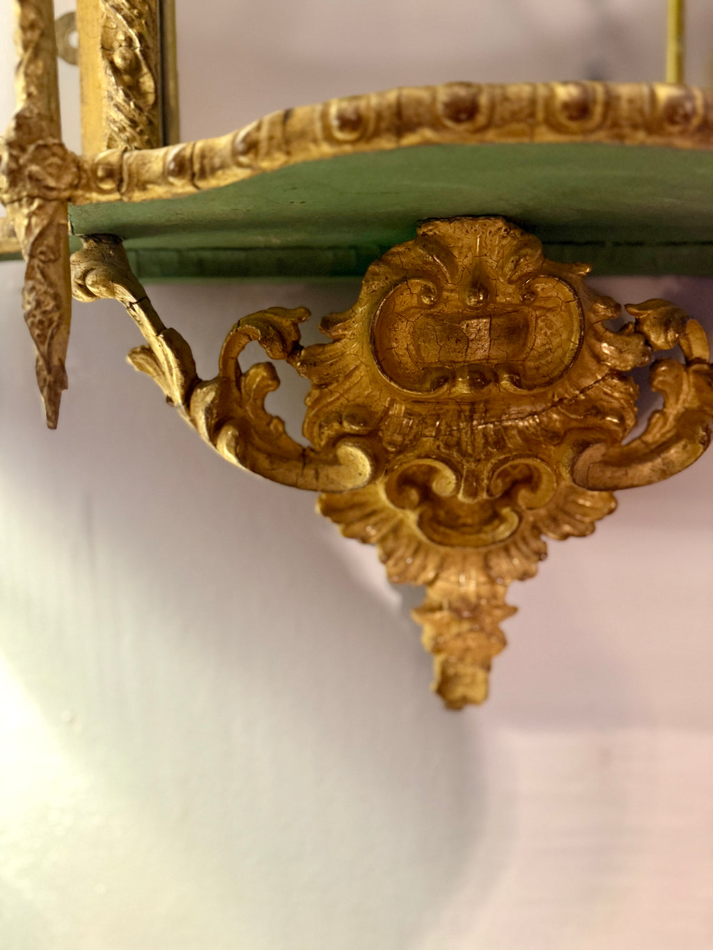 19th century gold and green mirrored wall shelf