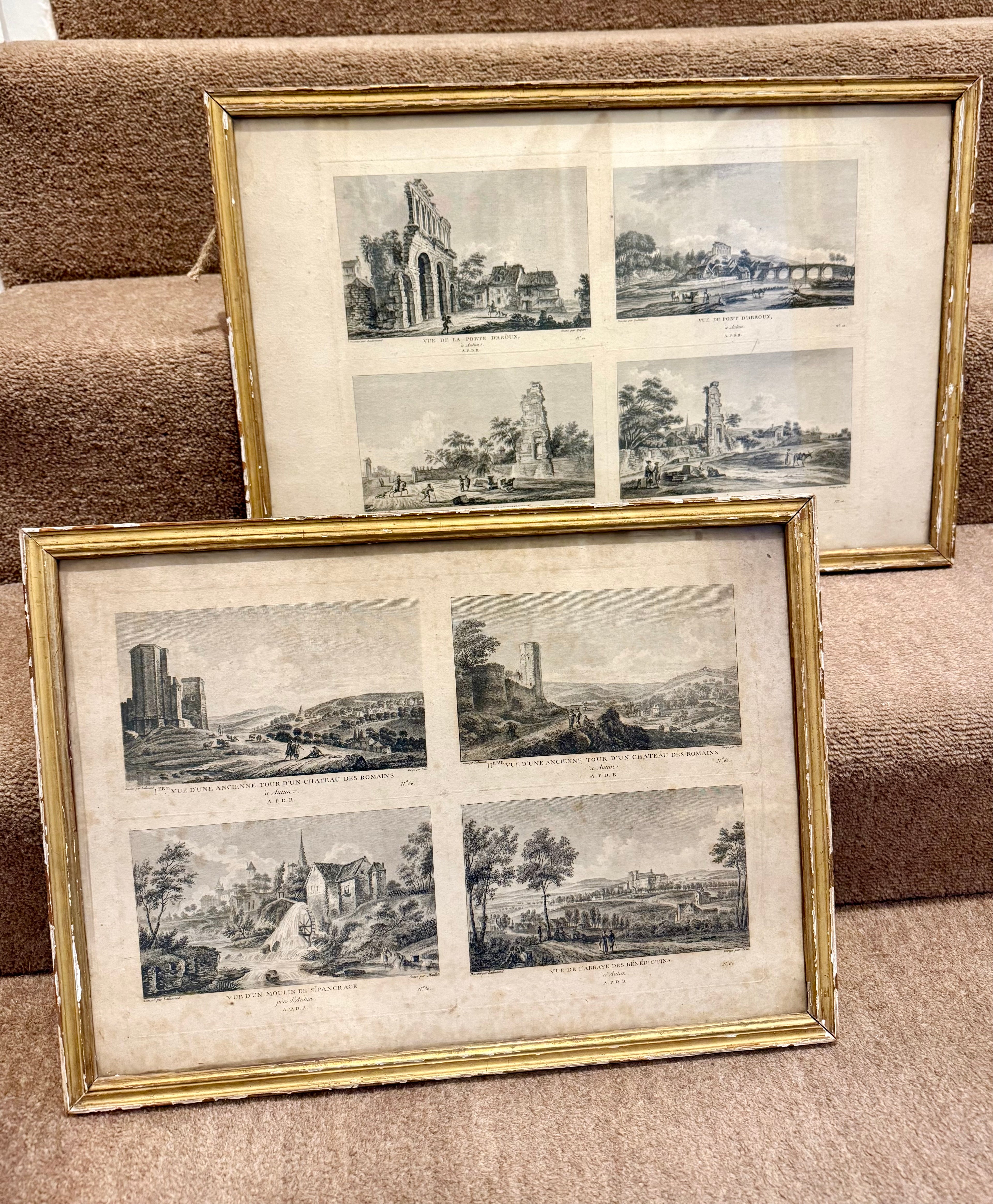 Pair of c1780 French uncut engravings of ruins in original frames
