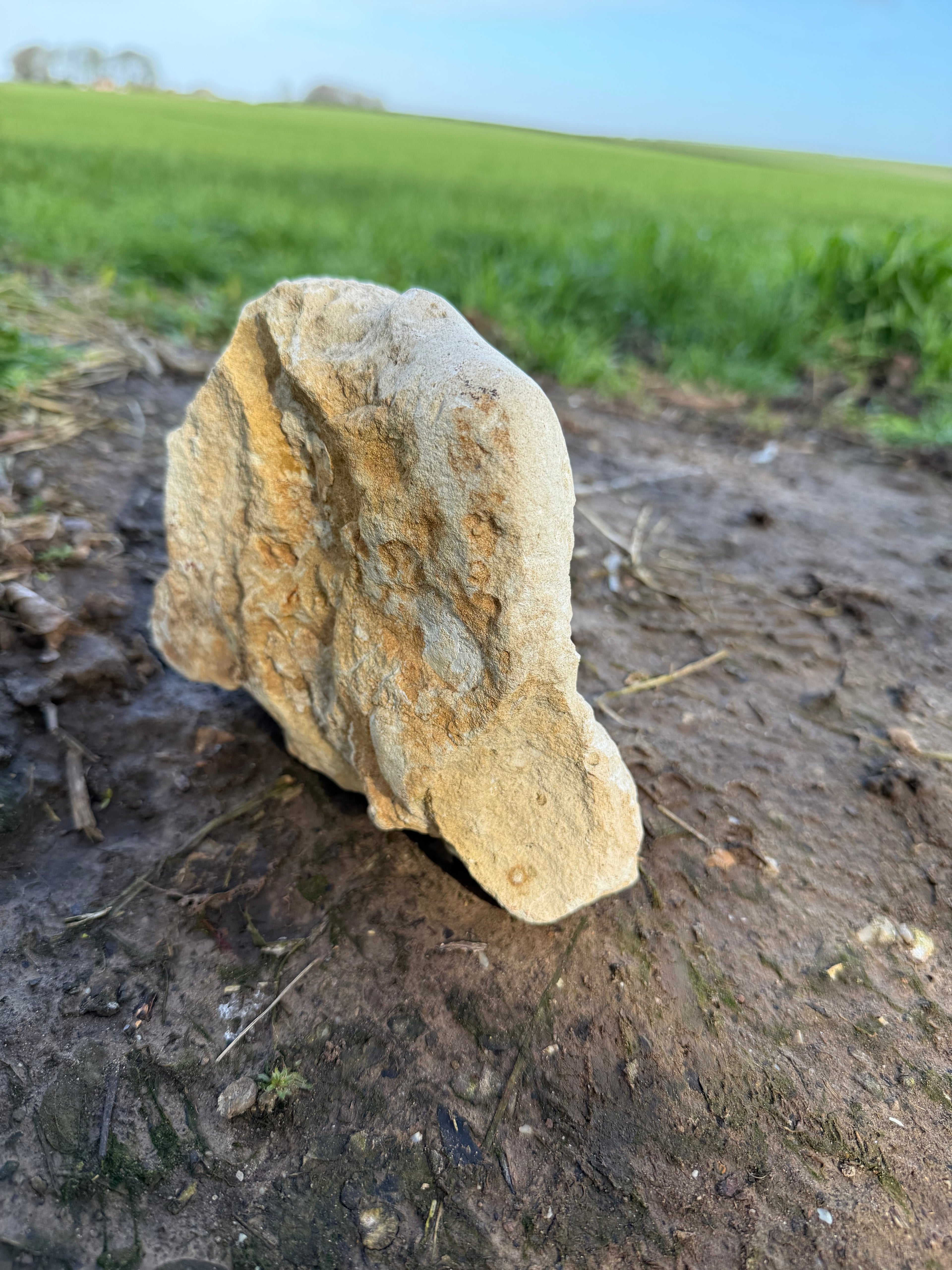 Limestone carved woman carrying sheep