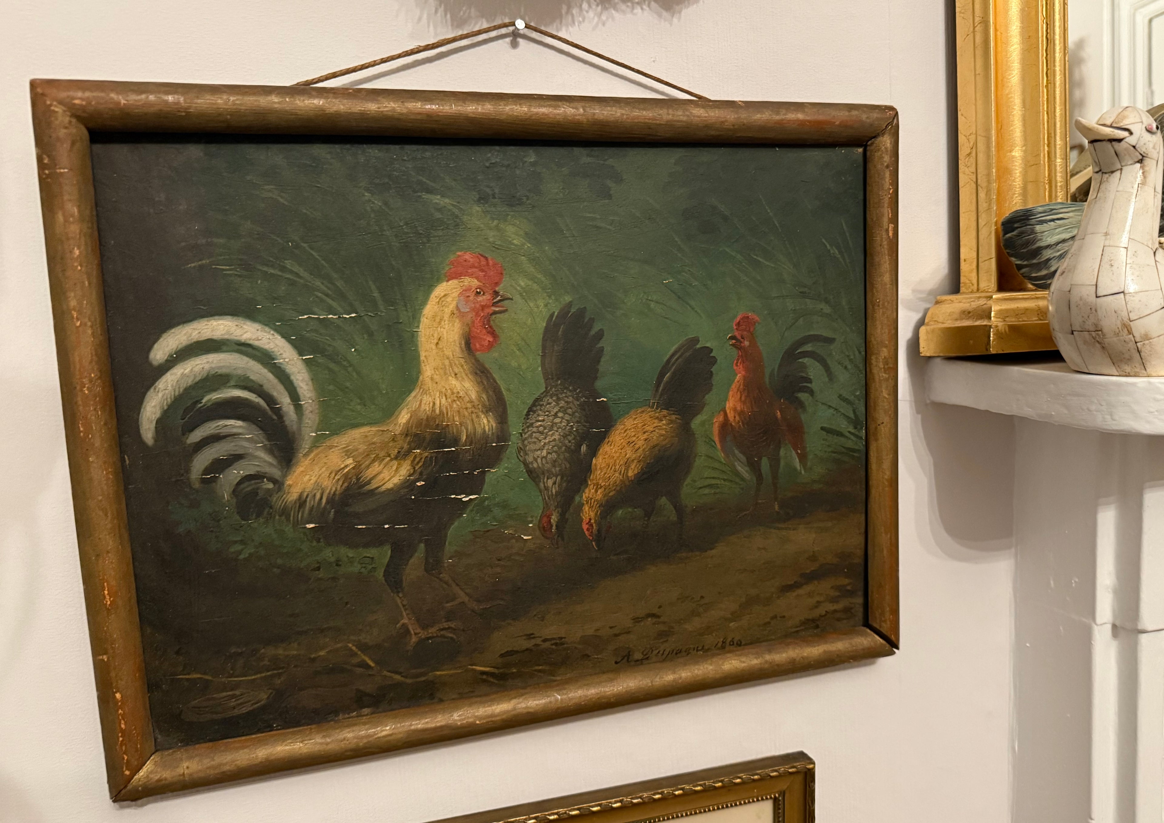 1860 oil on board antique French naive chicken painting
