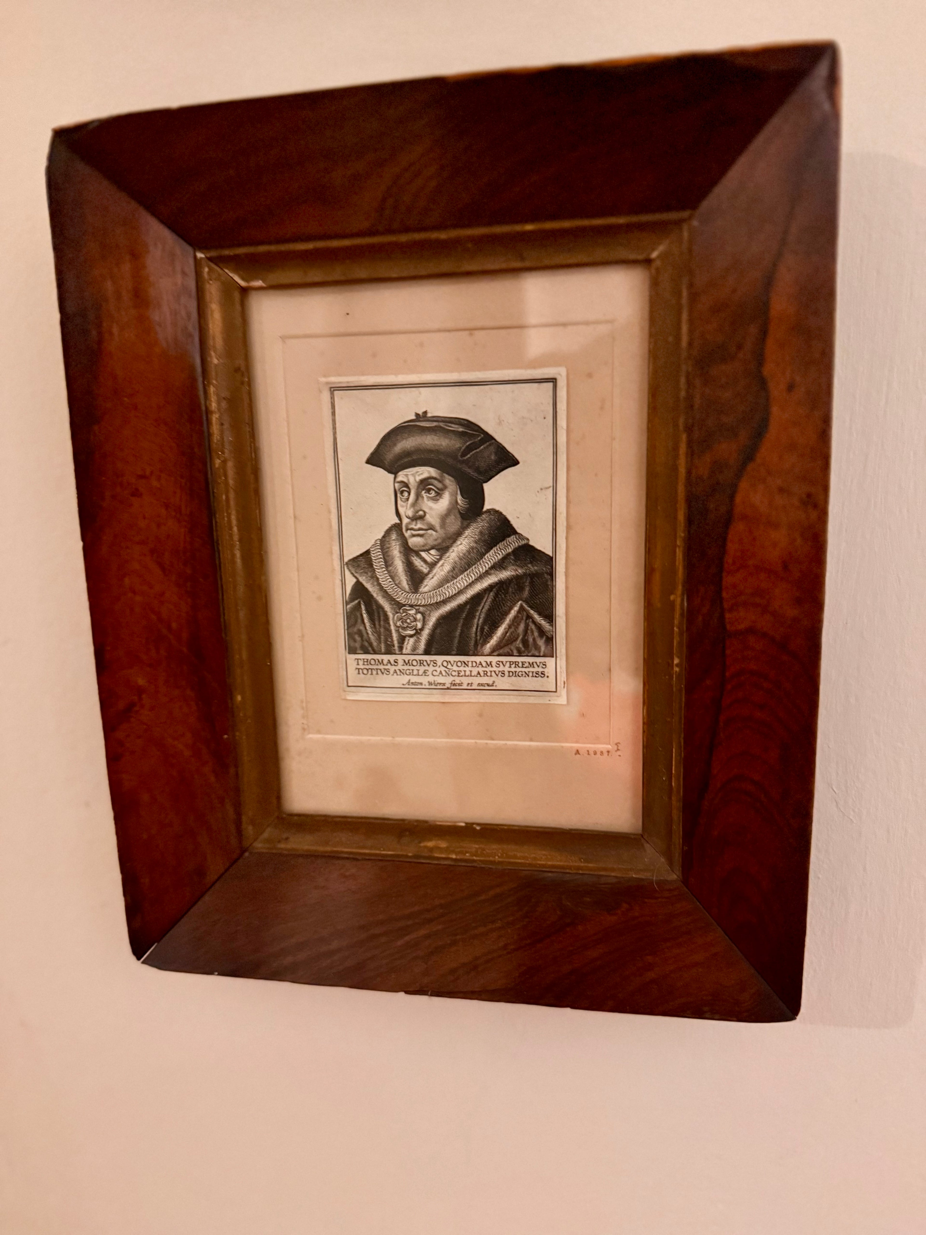 Antique Old Master engraving of Thomas More by Antony Weirx circa 1620 in satinwood frame