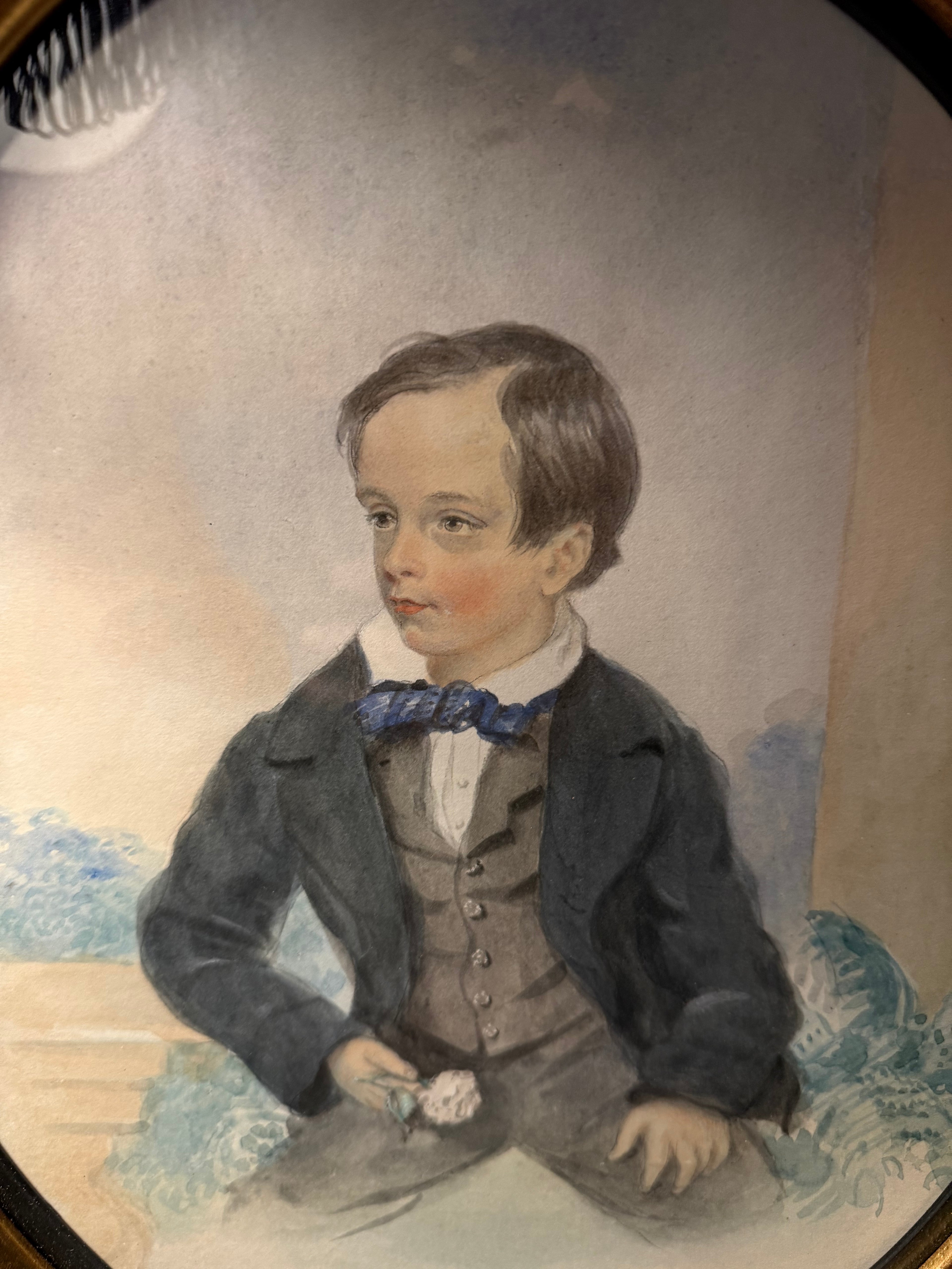 Victorian watercolour of a young boy in gold gilt frame