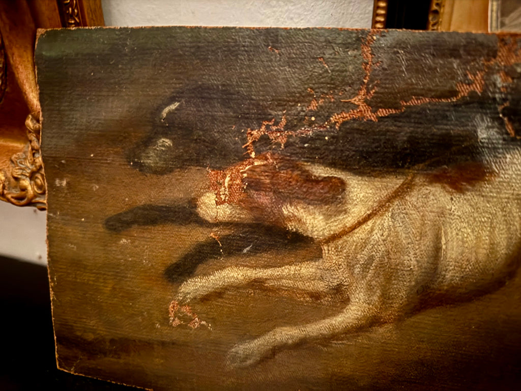 18th or 19th century painting fragment of dogs running