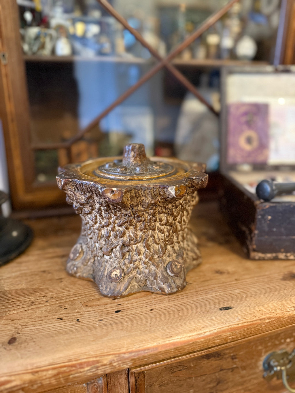 19th century ceramic faux bois tobacco canister