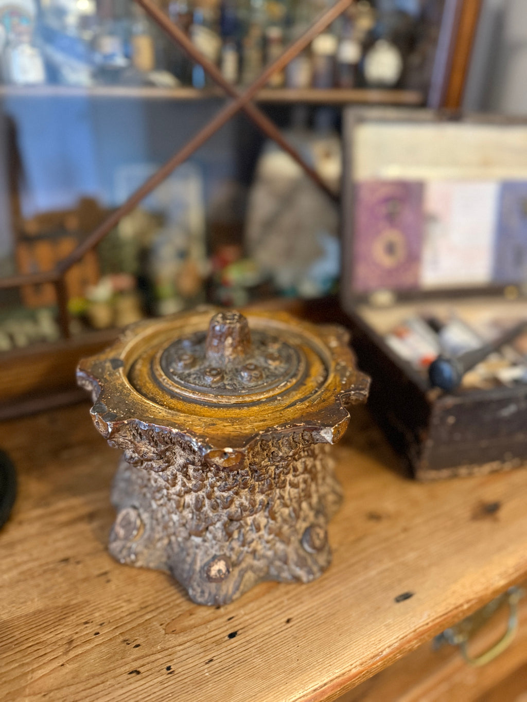 19th century ceramic faux bois tobacco canister