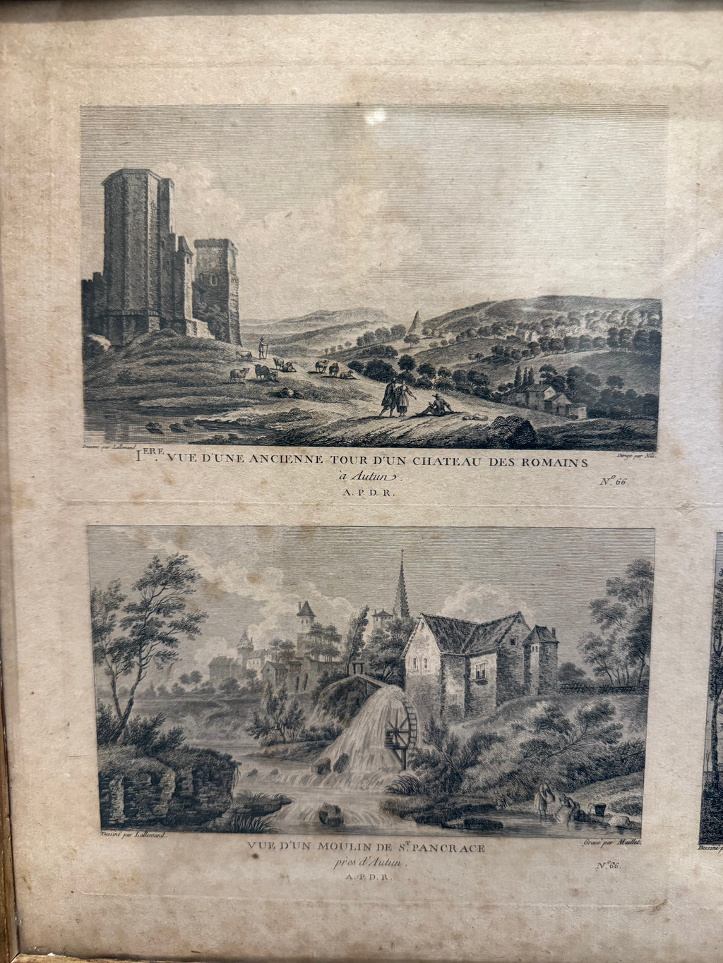Pair of c1780 French uncut engravings of ruins in original frames