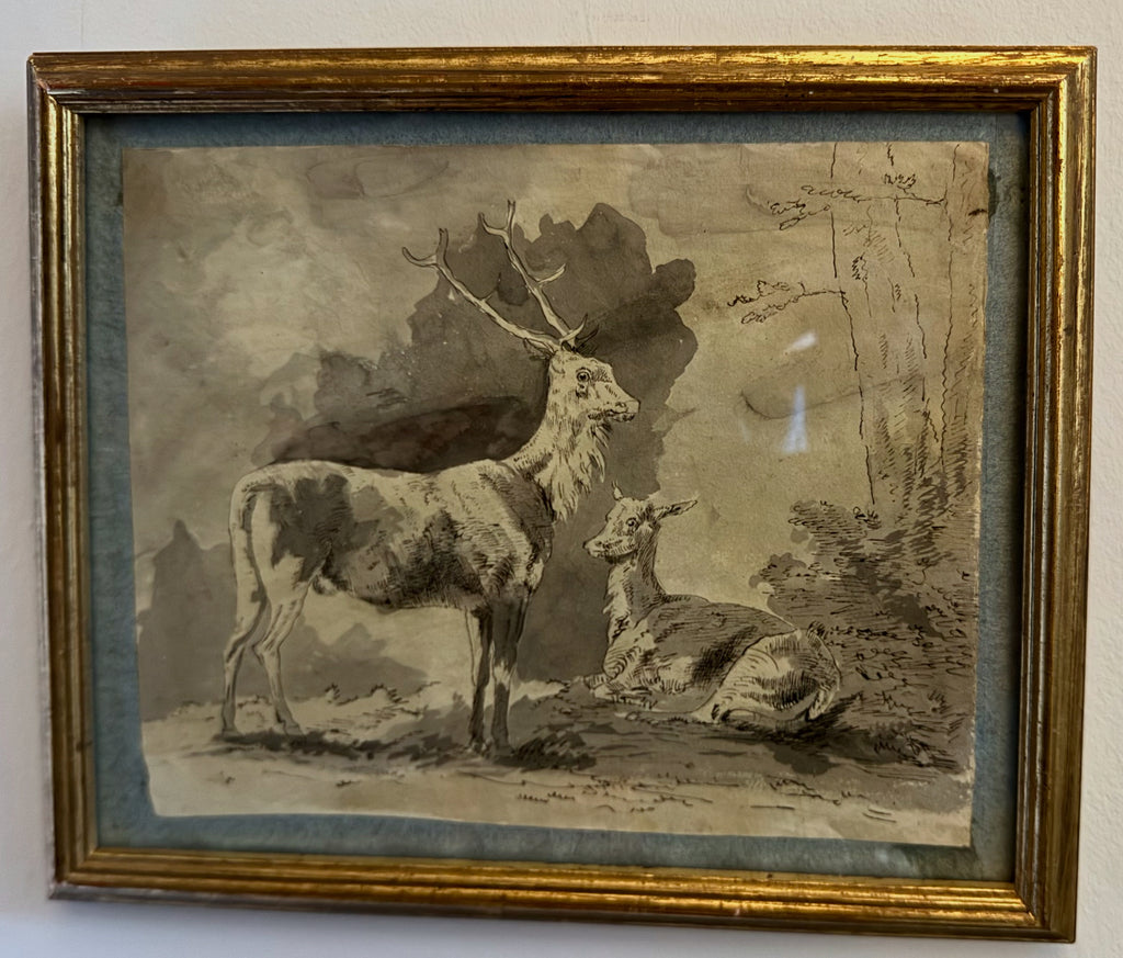 18th century ink and wash of deer