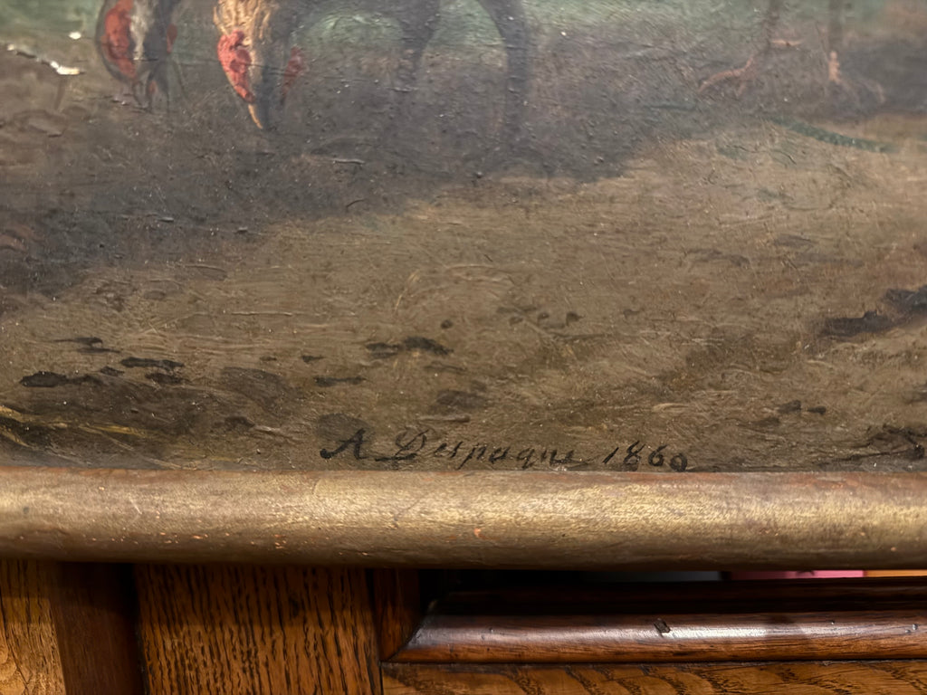 1860 oil on board antique French naive chicken painting
