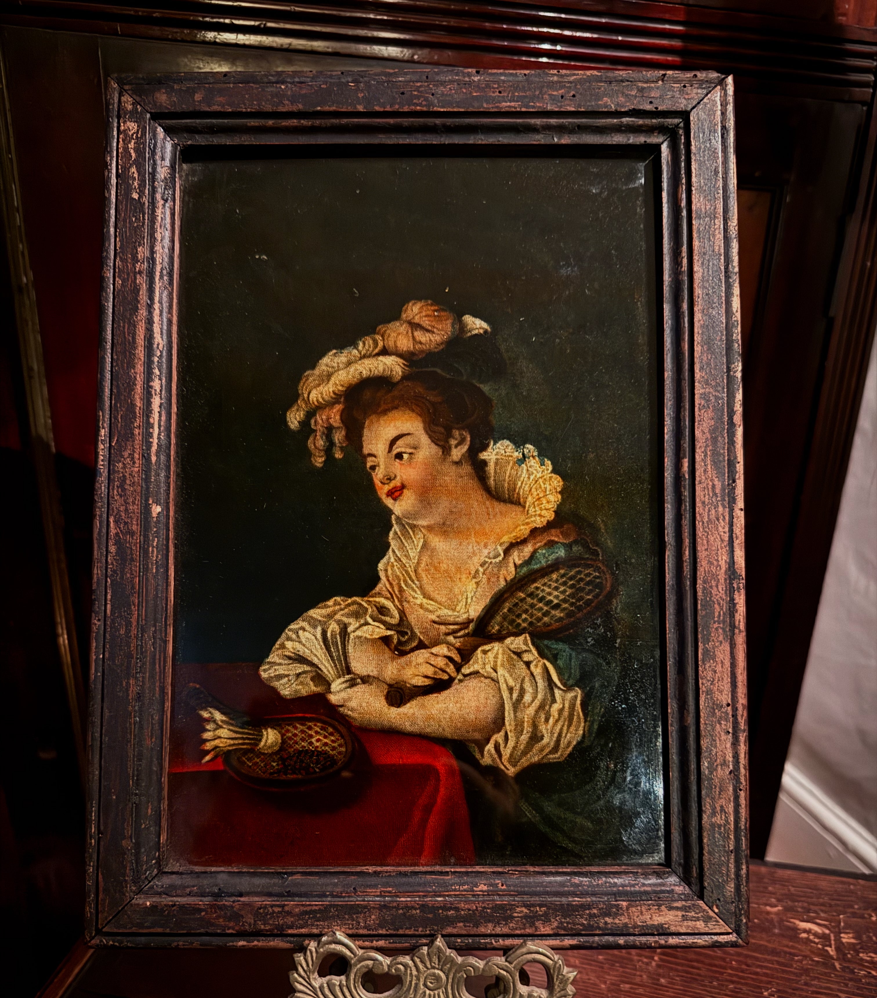 Georgian hand painted reverse glass mezzotint of woman with shuttlecock